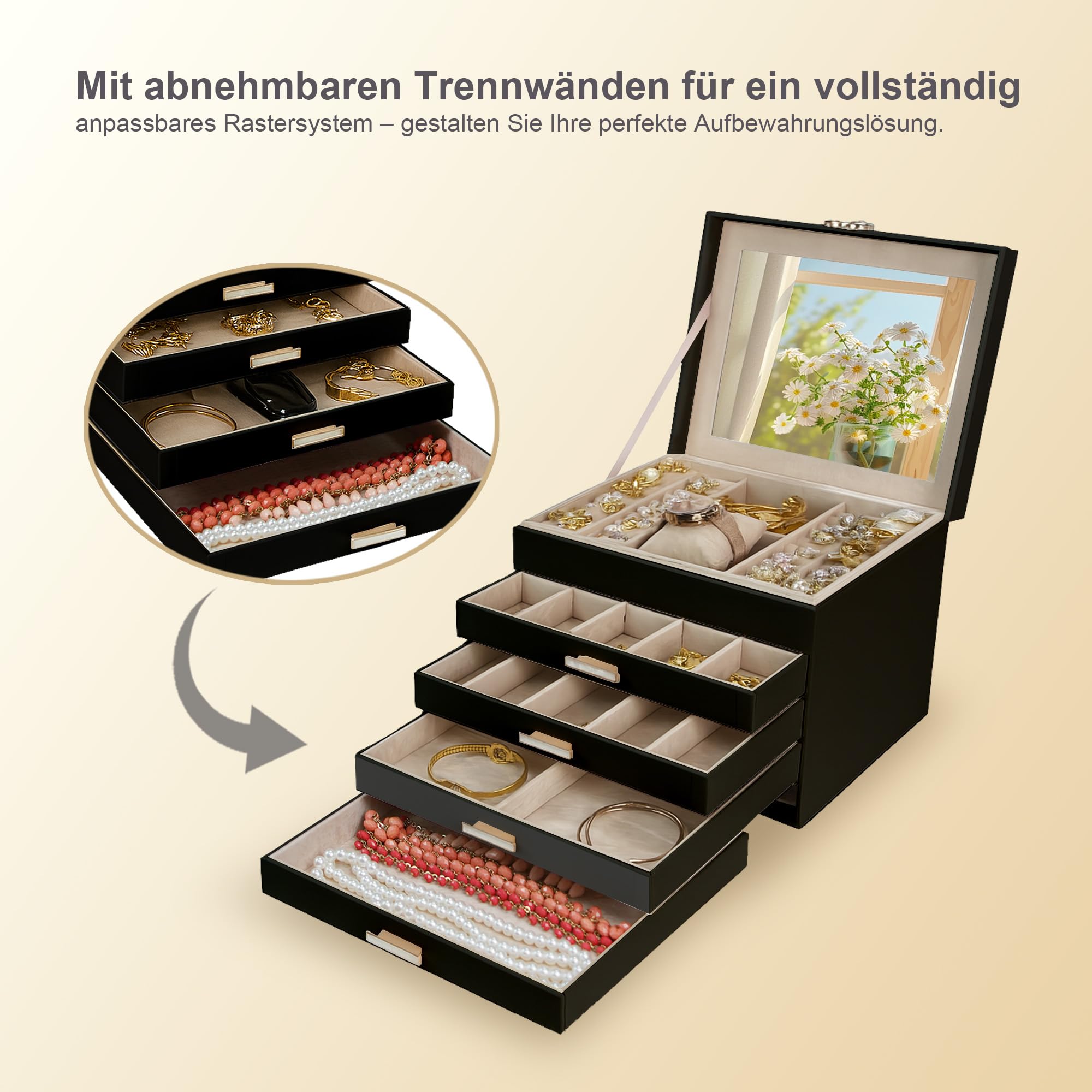 Schmuckschatulle 5 Ebenen,Schmuckkästchen mit Kleeblatt-Verschluss,großem Spiegel & flexibel einteilbaren Fächern,schmuckaufbewahrung für Halsketten, Ringe& Ohrringe,Geschenk Schwarz