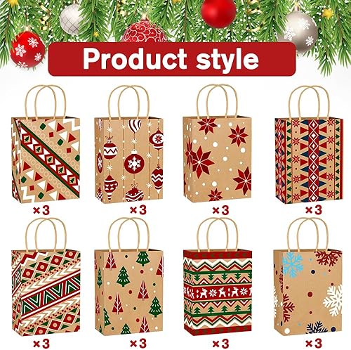 Miniatura 3 de DIYDEC 24 bolsas de regalo de Navidad de papel de estraza de 8 estilos, bolsas de papel de regalo de Navidad de tamaño mediano, bolsas de regalo de