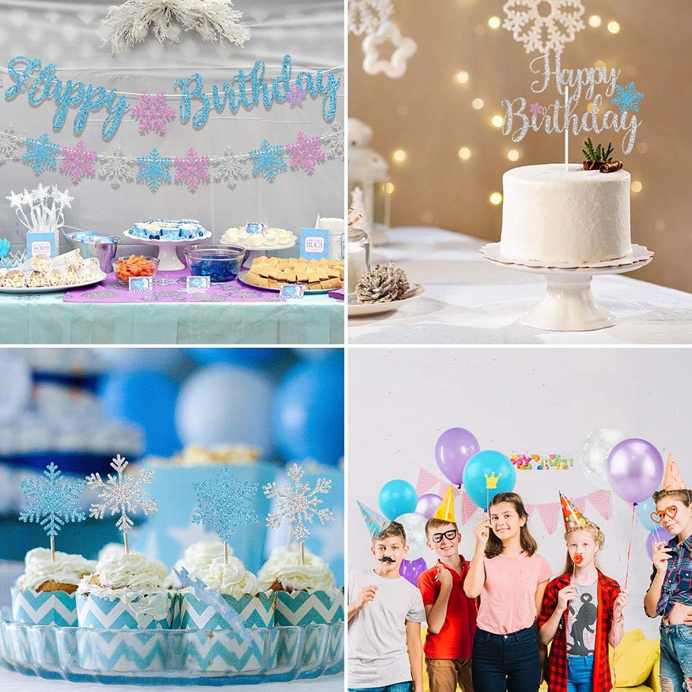Snowflake Birthday Party Decorations with Happy Birthday Banner, Cake Toppers, Purple, Blue, White Snowflake Balloons for Frozen Party Supplies Winter Wonderland Baby Shower - Image 2