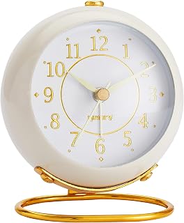 rjuwurv Silent Non-Ticking Retro Metal Alarm Clock - Vintage Desk Bedside Clock with Gold Hands, Milk White