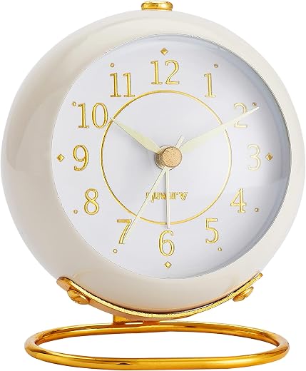 rjuwurv Metal Desk Clock, Retro Bedroom Table Vintage Analog Alarm Clock, Silent Non-Ticking Gold Clock, Bedside Décor(Milk White)