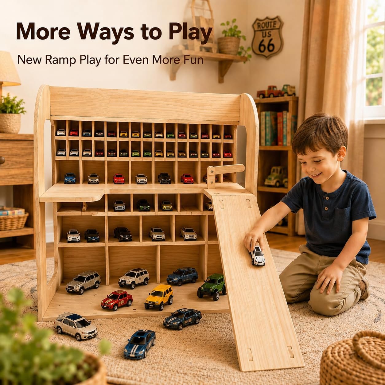 Garage per auto giocattolo in legno, garage in legno di pino con rampa, organizer per veicoli per bambini, scaffale espositore a più livelli per sala giochi, regalo per ragazzi e ragazze