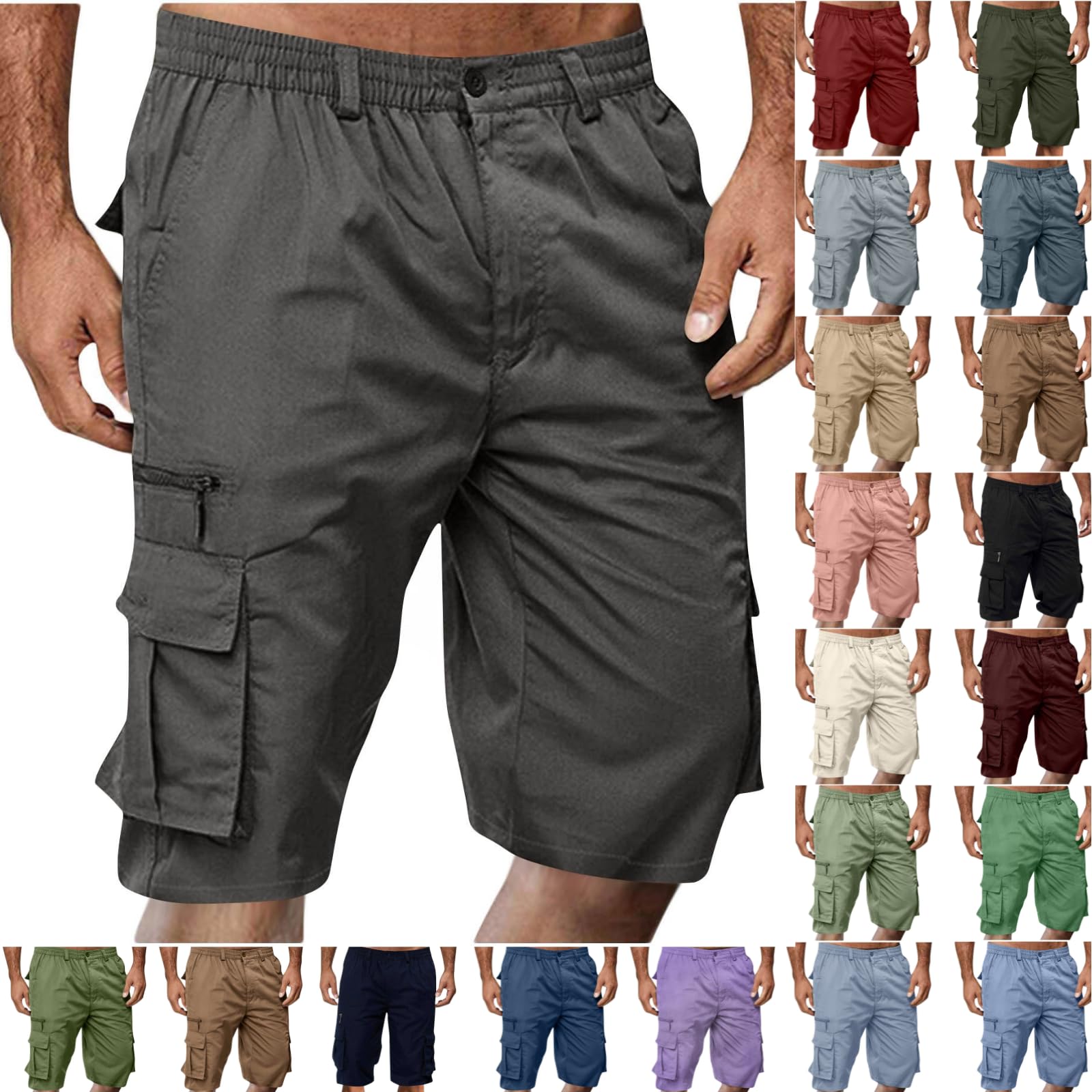 Cargo Shorts for Men,Summer Casual Elastic Waist Big Tall Baggy Shorts Lightweight Hiking Short with Multi Pockets