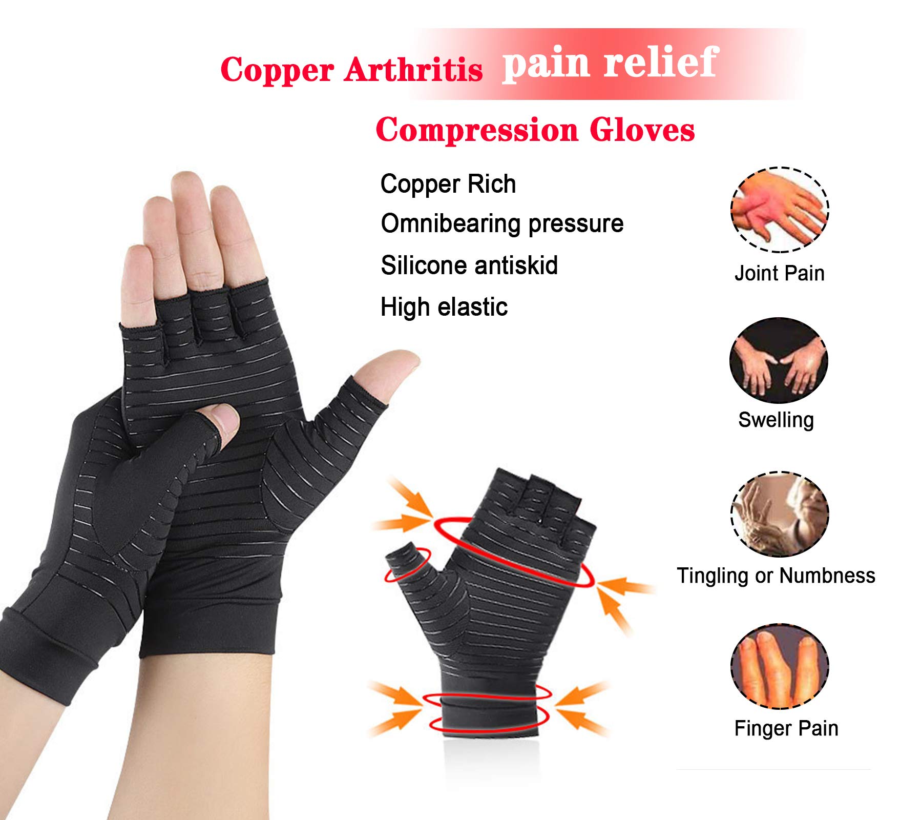 MUFEKUM Copper Compression Arthritis Gloves, Infused High Copper Content Arthritis Copper Gloves Pain Relief Carpal Tunnel Everyday Support for Hands Fingerless Copper Gloves for Women Man (S)