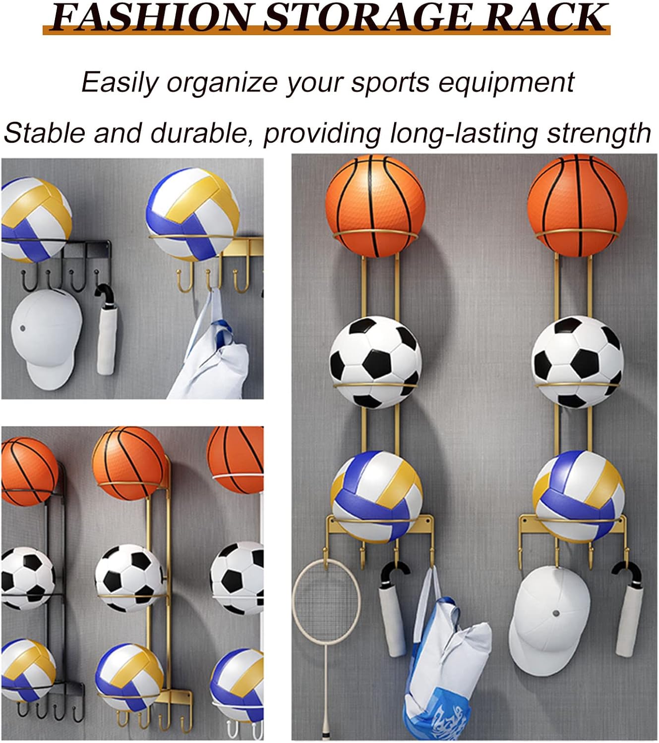 Wall Mount Ball Storage Racks, Basketball Storage Stand Metal Display Shelving, Sports Ball Storage Holder with Hooks, Garage Sports Equipment Organizer for Volleyball Ru（Black-1 piece wall shelf）