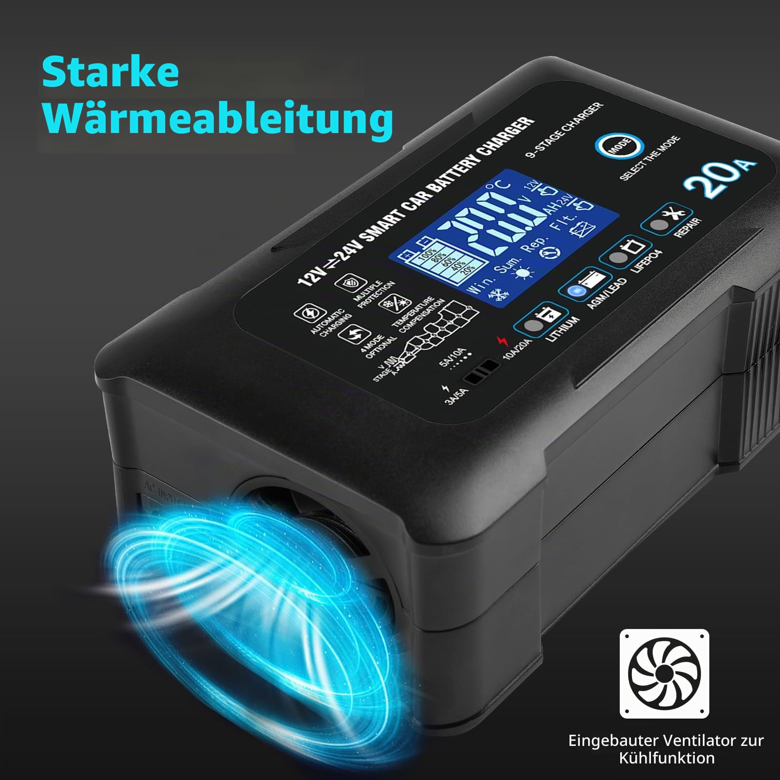 Haisito 20A Autobatterieladegerät, 12V 24V 20A, Erhaltungsladegerät und Entschwefelungsgerät, geeignet für Lithium, LiFePO4, Bleisäure (AGM, Gel usw.) Motorräder, Autos, Boote, Rasenmäher usw.