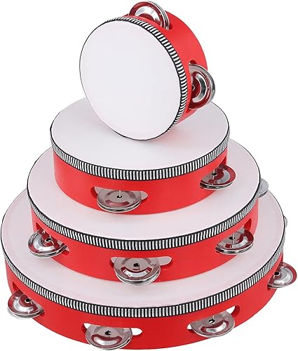 Miniatura 6 de 4 panderetas de madera de 4, 6, 8, 10 pulgadas, juego de panderetas de instrumentos musicales, campanas de batería de mano, jingles de metal, Marrón