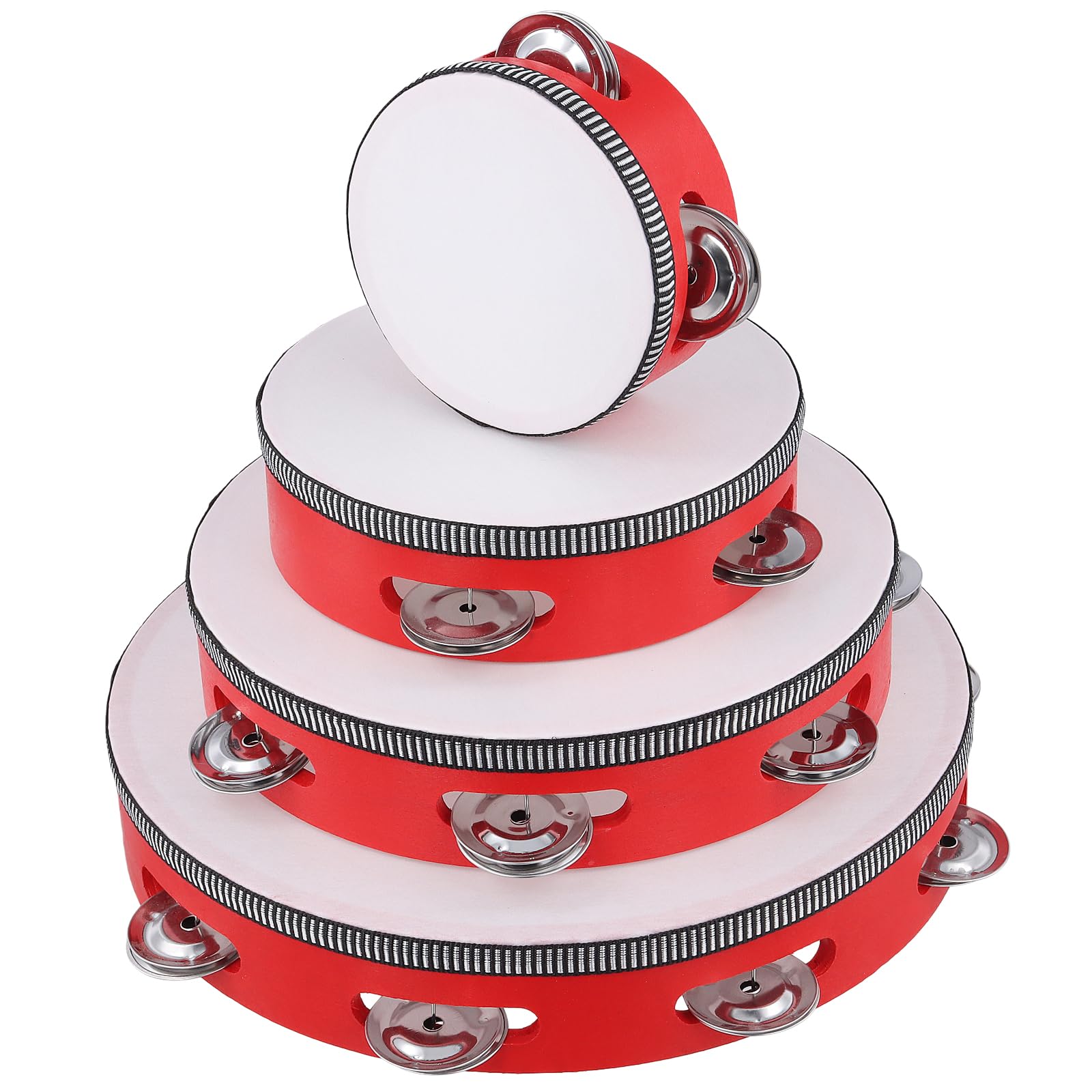 4 PCS 4" 6" 8" 10" Red Wooden Tambourine Set, Hand Held Percussion Musical Instrument, Handheld Drum Bell Metal Jingles Single Row for Church, Party, KTV, Wedding