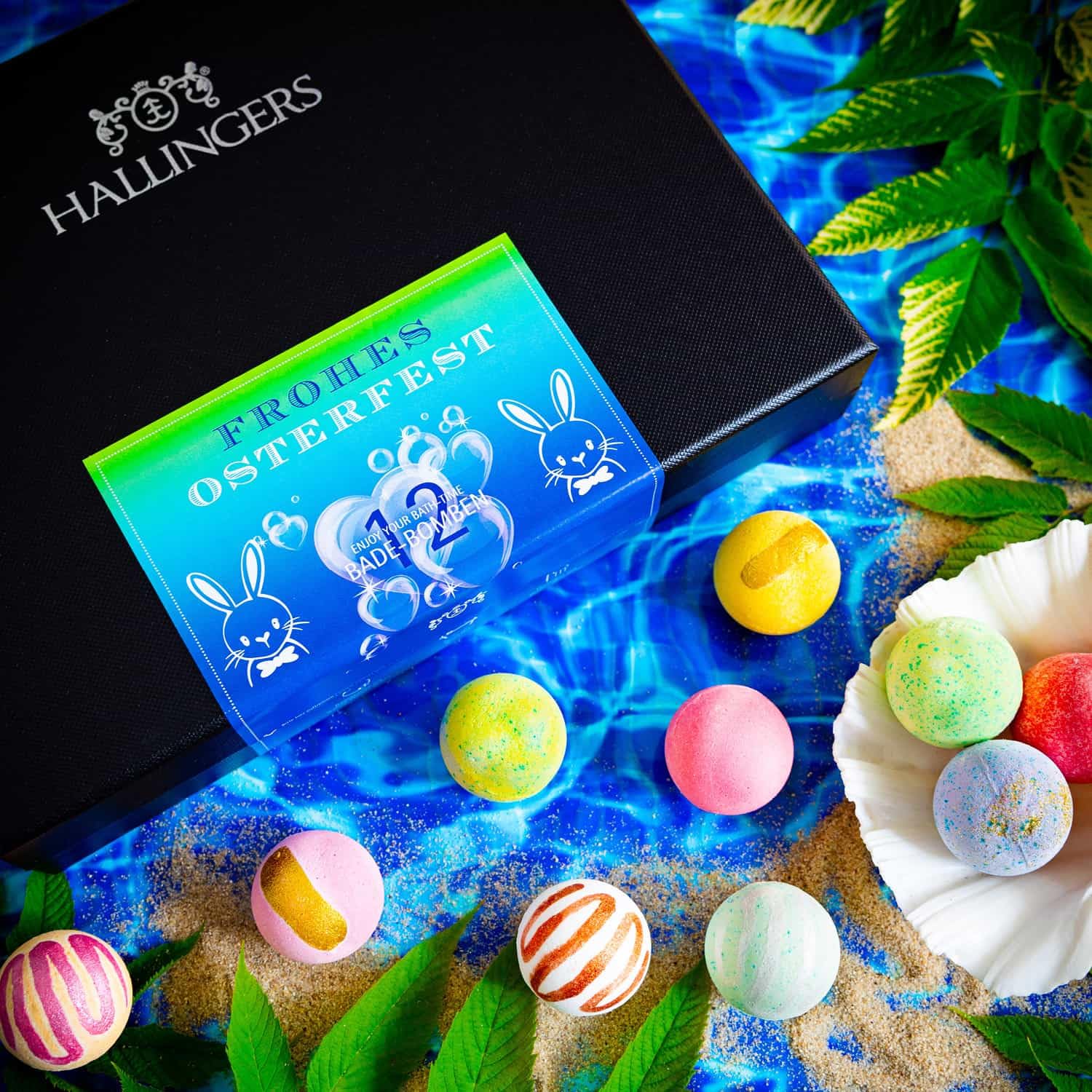 Hallingers Genuss Manufaktur Badebomben Oster-Geschenk-Set - 12x Badekugeln Bath Bombs in edler Geschenkbox, Frauen Badeperlen-Wellness & Spa ""Frohes Osterfes..."", Ostern Körbchen für Frauen Männer