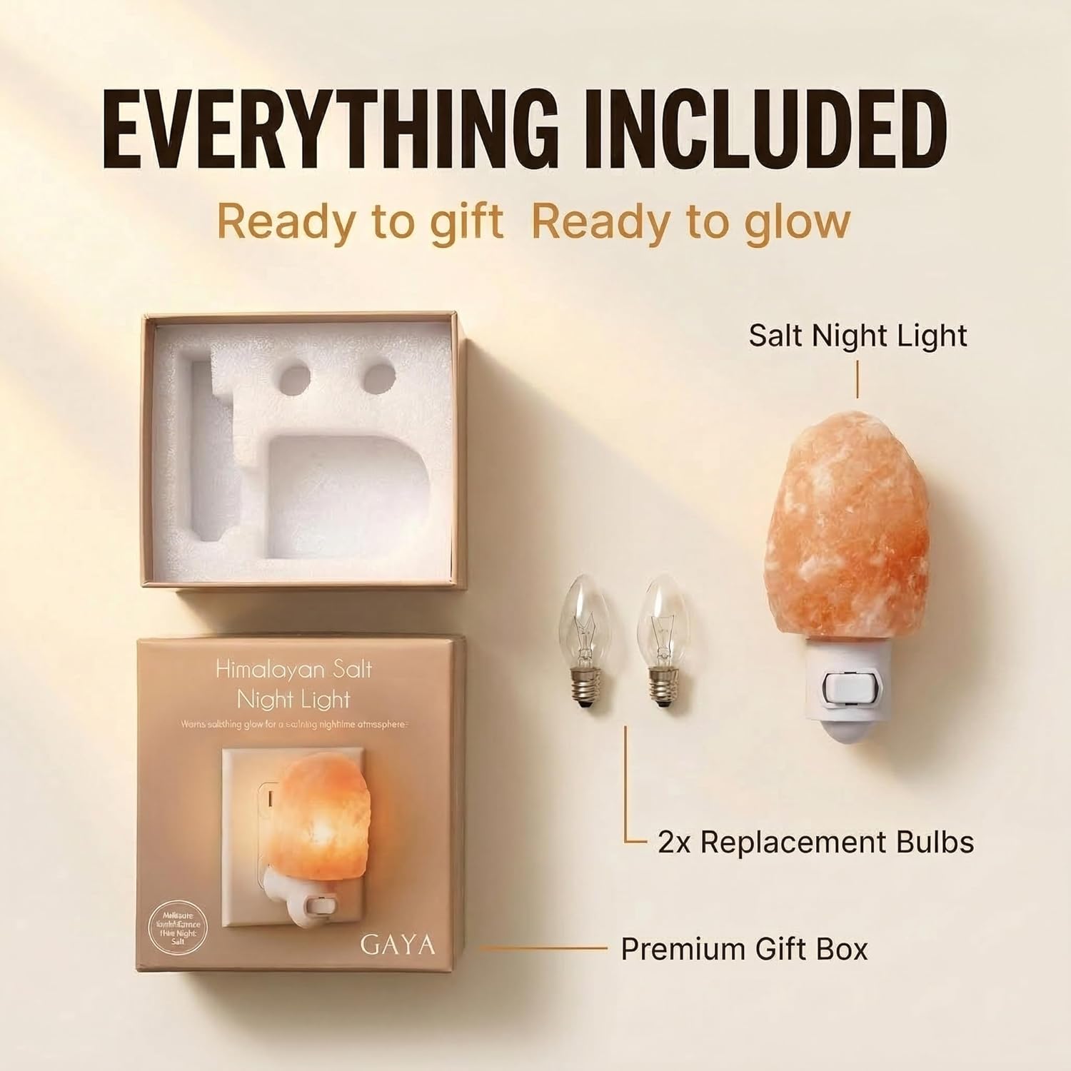 Himalayan Salt Night Light Plug In - Salt Rock Lamp for Bedroom, Bathroom & Hallway | 360 Rotating Plug | Warm Amber Glow | Calming Sleep Light | 2 Bulbs Included | Kids Safe UL Listed | Gift Ready