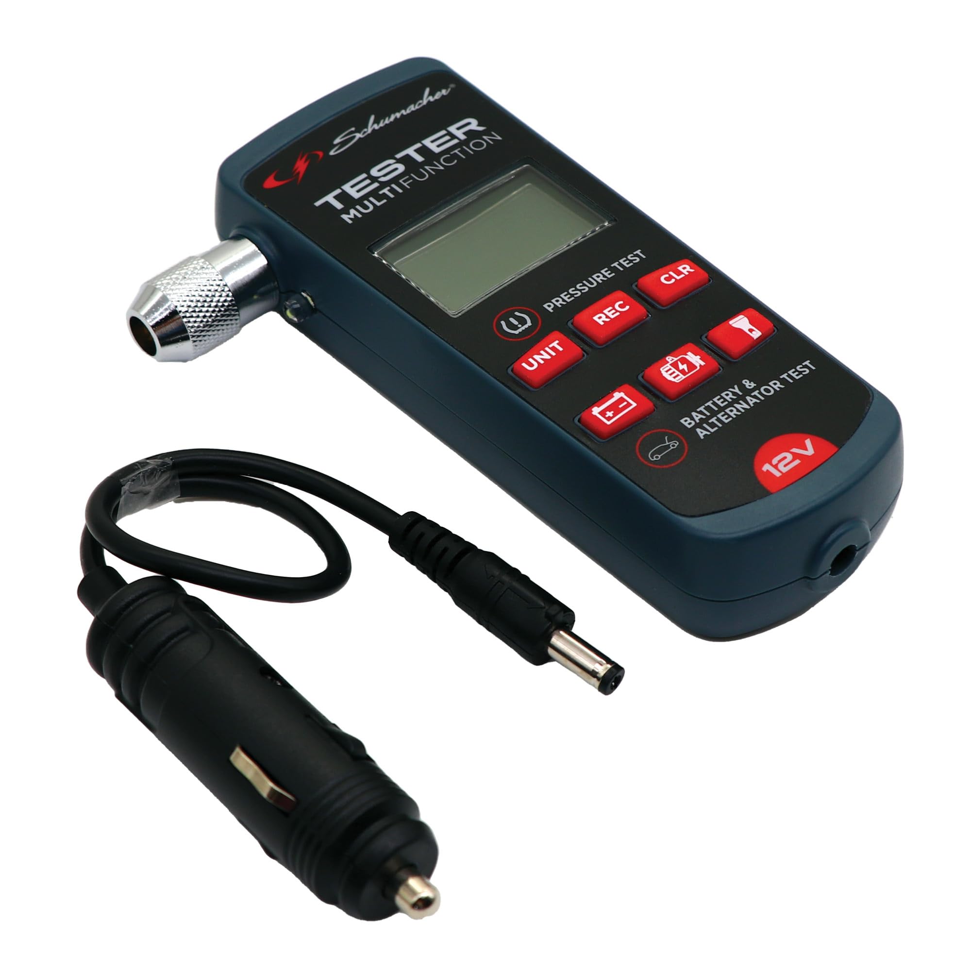 Schumacher Electric XP200 - Comprobador 3 en 1 Batería 12V, Alternador y Presión de Neumáticos - Compacto, Portátil, Mechero - Linterna LED Integrada | Alternador, Presión de los neumáticos, Super compacto portátil, Encendedor de cigarrillos, Lámpara LED
