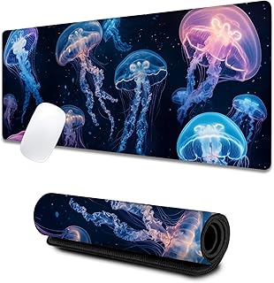 Glowing Jellyfish Large Gaming Desk Mat,Rubber Non-Slip Ethereal Underwater Marine Life Mouse Pad,31.5x11.8x0.12in Extended Ocean Mousepad,Game Lover Mice Pads Gifts,Office Home Deskmat Decor