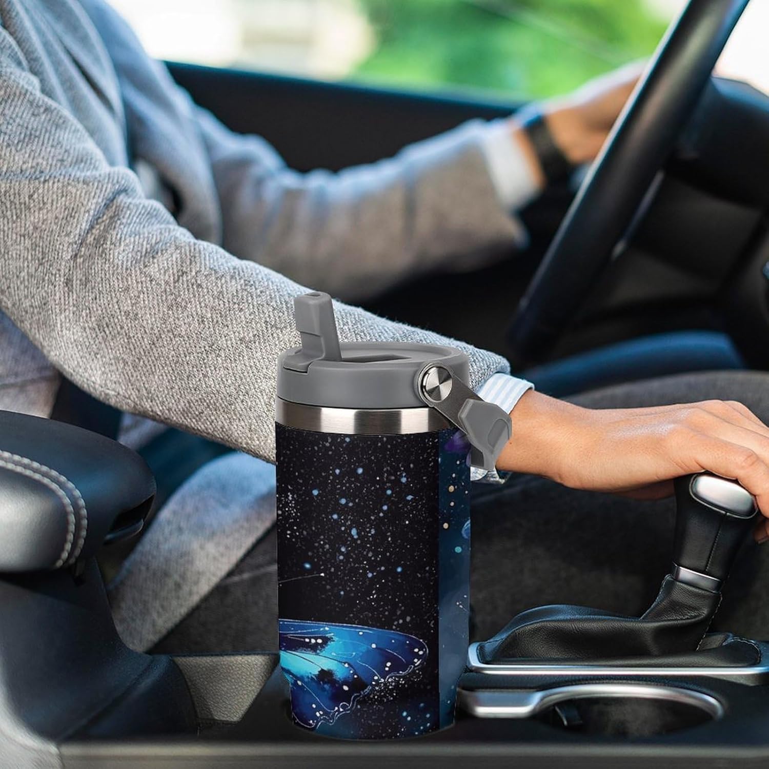 30oz Insulated Tumblers with Top Handle, Stainless Steel Galaxy Blue Butterfly Car Cup with Straw for Gift, Leak-Proof Double Wall Vacuum Travel Mug, Personalized Water Bottles White