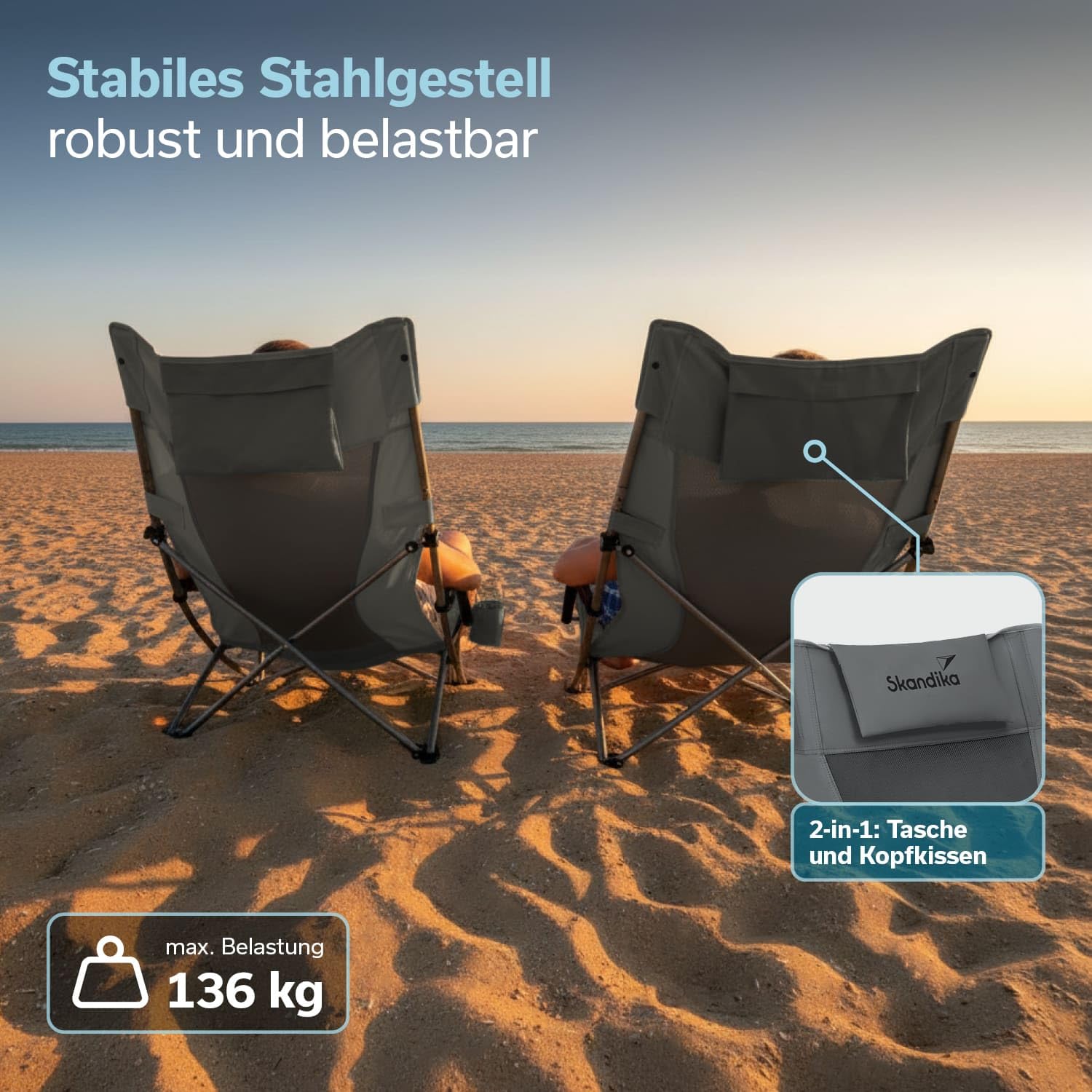skandika Beach - Silla Plegable de Playa - Malla Transpirable, portavasos, fácil de Transportar y de Plegar - Peso máx. del Usuario 136 kg (Gris)