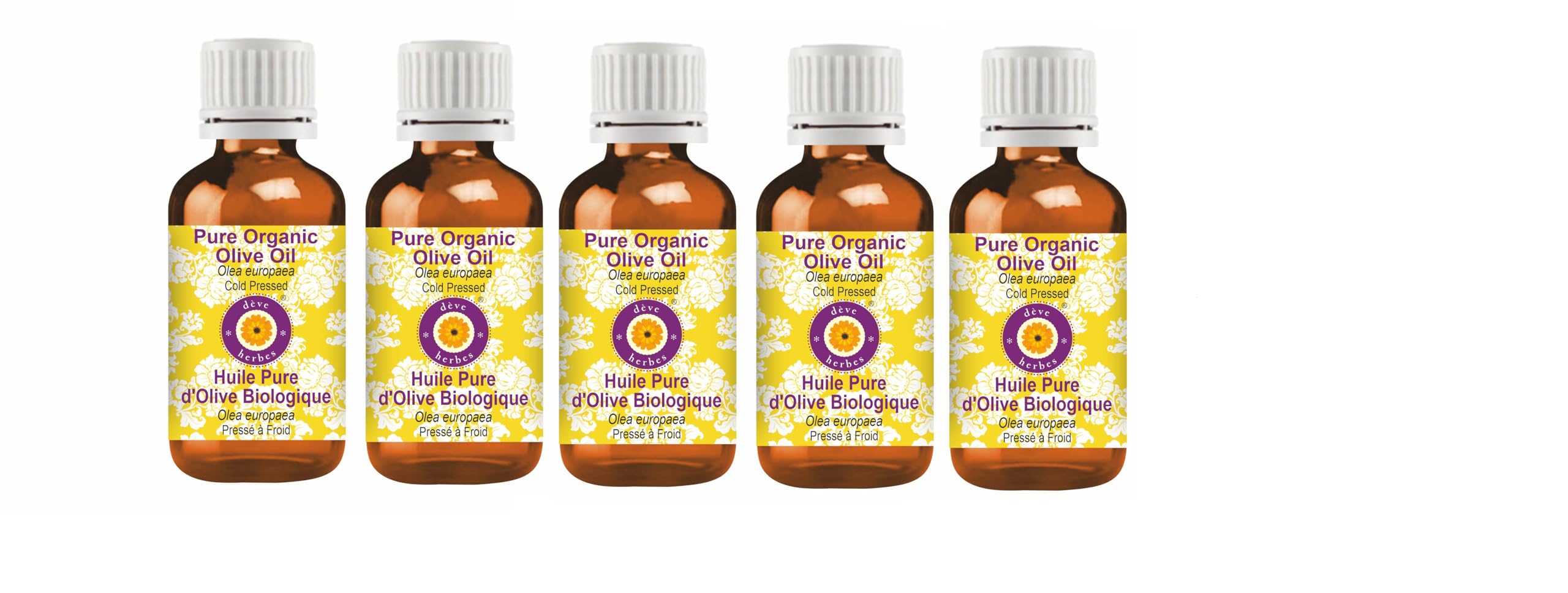 Deve Herbes Olio di oliva organico puro (Olea europaea) Qualità terapeutica naturale spremuto a freddo (Pack of Five) 100 ml X 5 (16,9 oz)