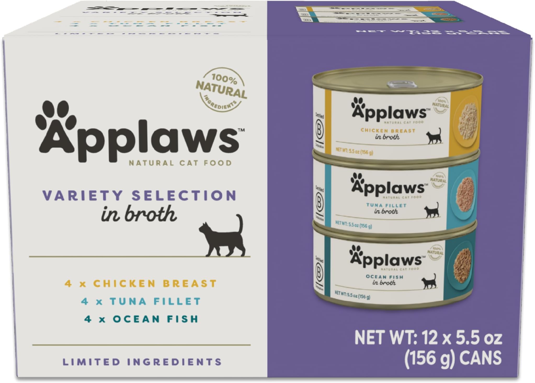Natural Wet Cat Food in Broth, Limited and Natural Ingredients, High Protein with No Artificial Additives, Variety Pack in Broth (12 x 5.5oz Cans)