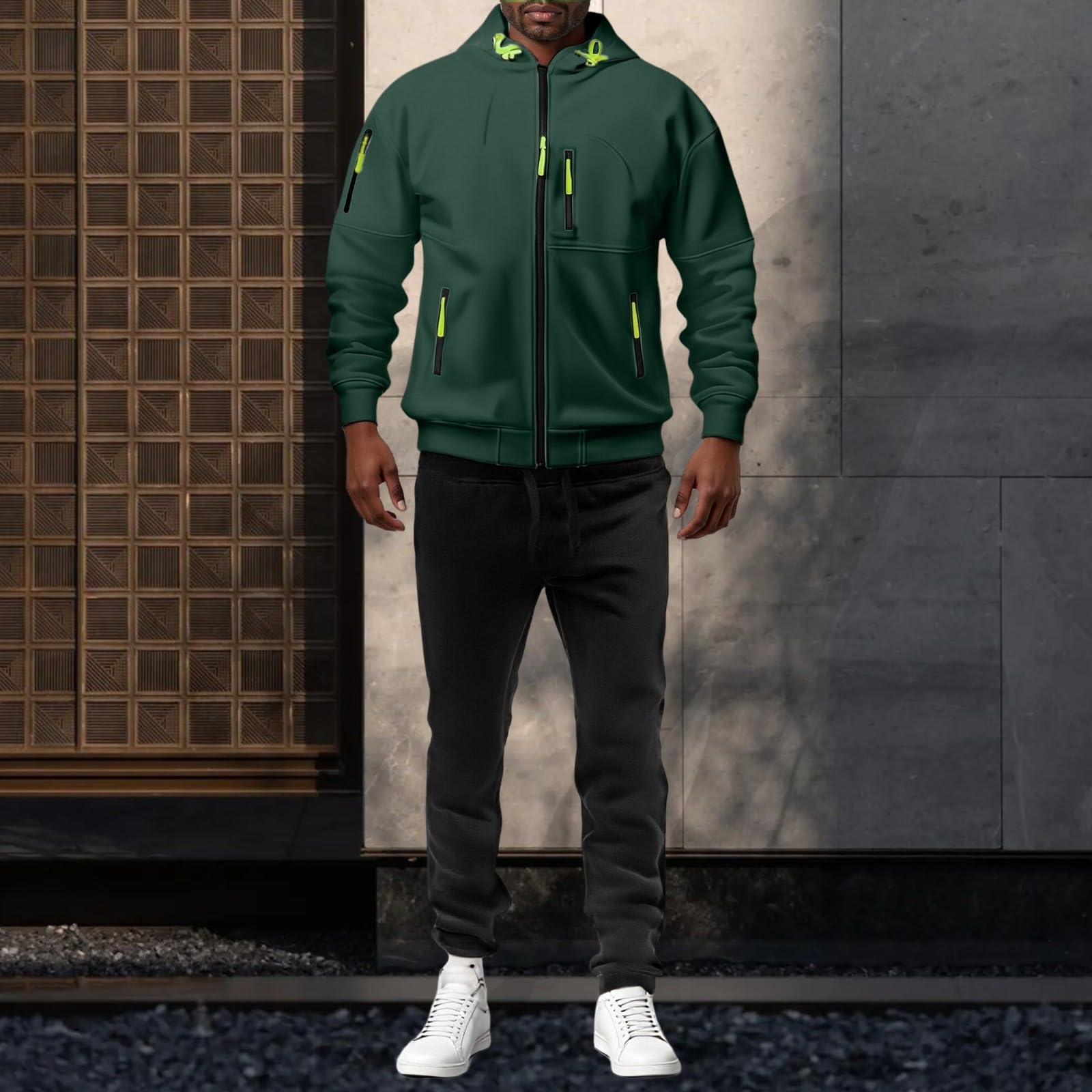 Tuta da allenamento da uomo, set da 2 pezzi, per attività all'aperto, jogging, con chiusura lampo, giacca con cappuccio e pantaloni da jogging da uomo, stile streetwear per uomini