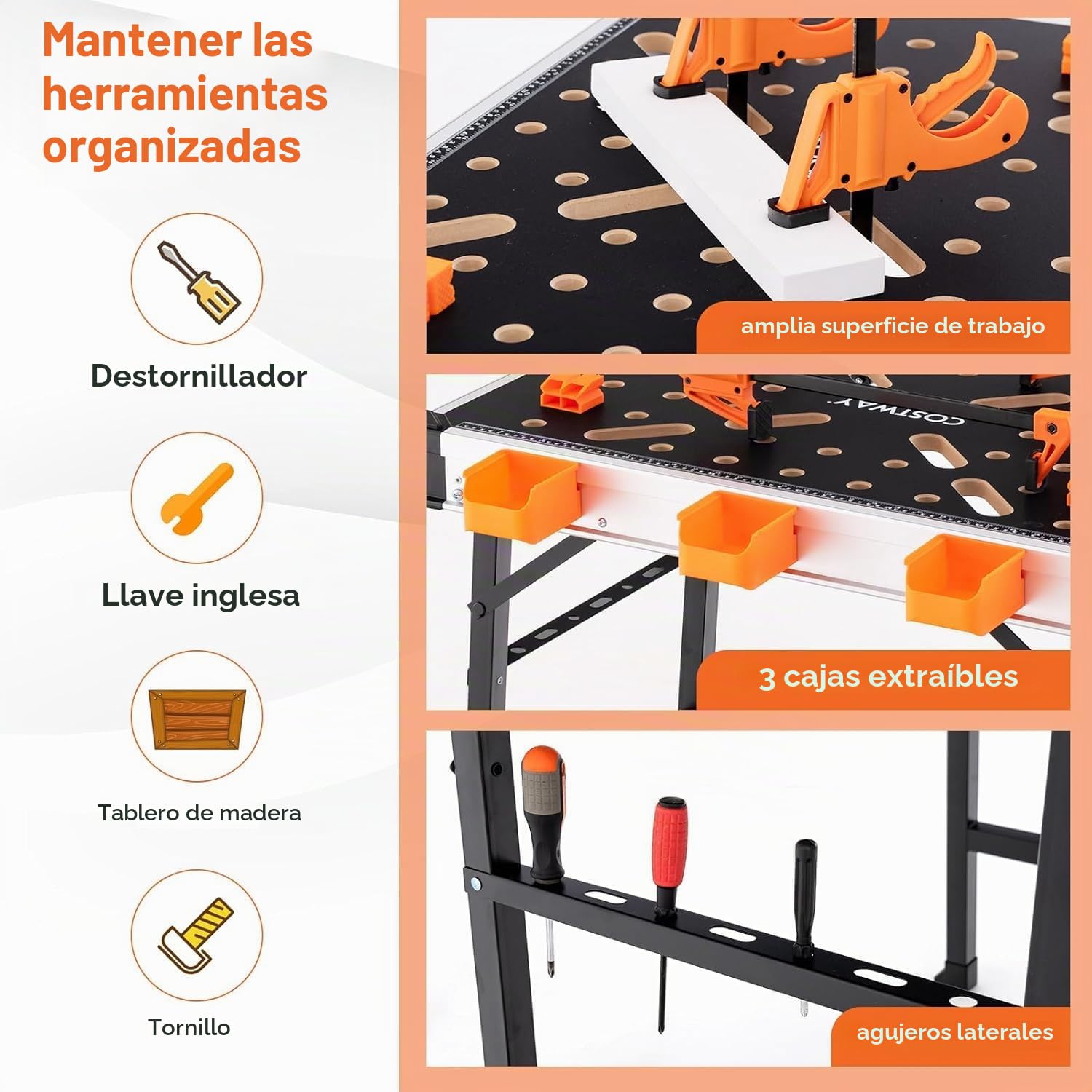 FANTASK Mesa de Trabajo Plegable hasta 454 kg, Mesa de Herramientas para Garaje, Taller, Banco de Trabajo con 2 Pinzas rápidas, 4 Ganchos de sujeción, 3 Cajas de Herramientas y Marco de Metal