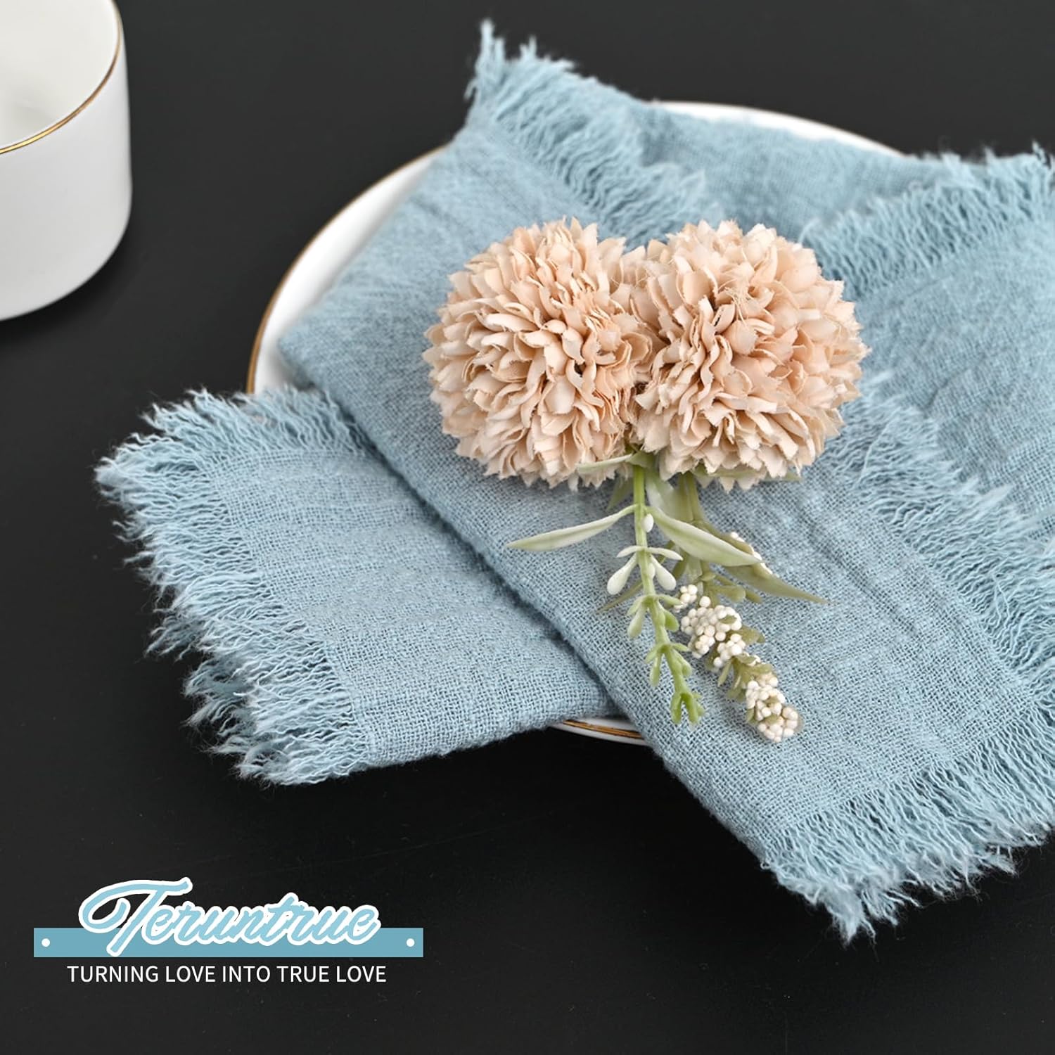 40 Packs Dusty Blue Cloth Napkins Cotton Linen Napkins Bulk 16.5 x 16.5Inch Handmade Gauze Napkins with Fringe, Natural Soft Cotton Rustic Dinner Napkins for Wedding Party Christmas Decoration