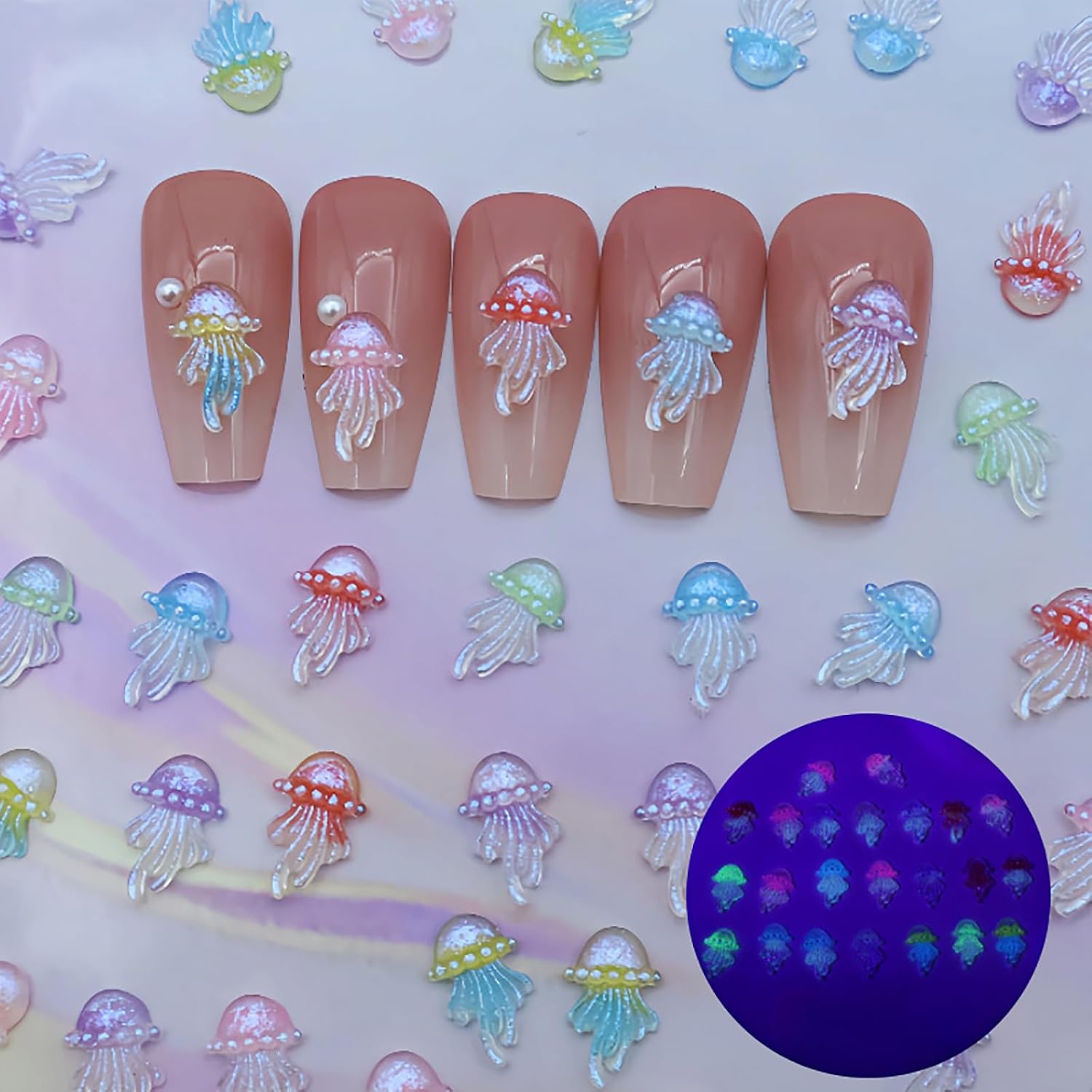 100Pcs Glow Jellyfish Nail Charms, 3D Resin Ocean Life Nail Gems, Rhinestone Nails Charm, Beach Summer Nail Art Charm for DIY Manicure Jewelry Decorations Supplies