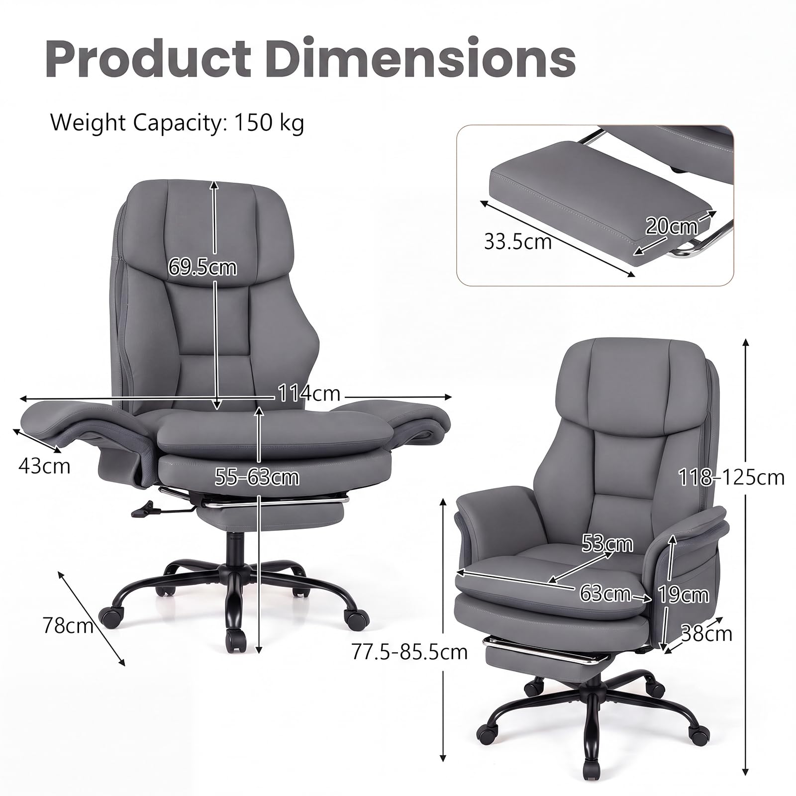 GIANTEX Sedia da Ufficio Ergonomica con Ruote, Altezza Regolabile (Grigio)