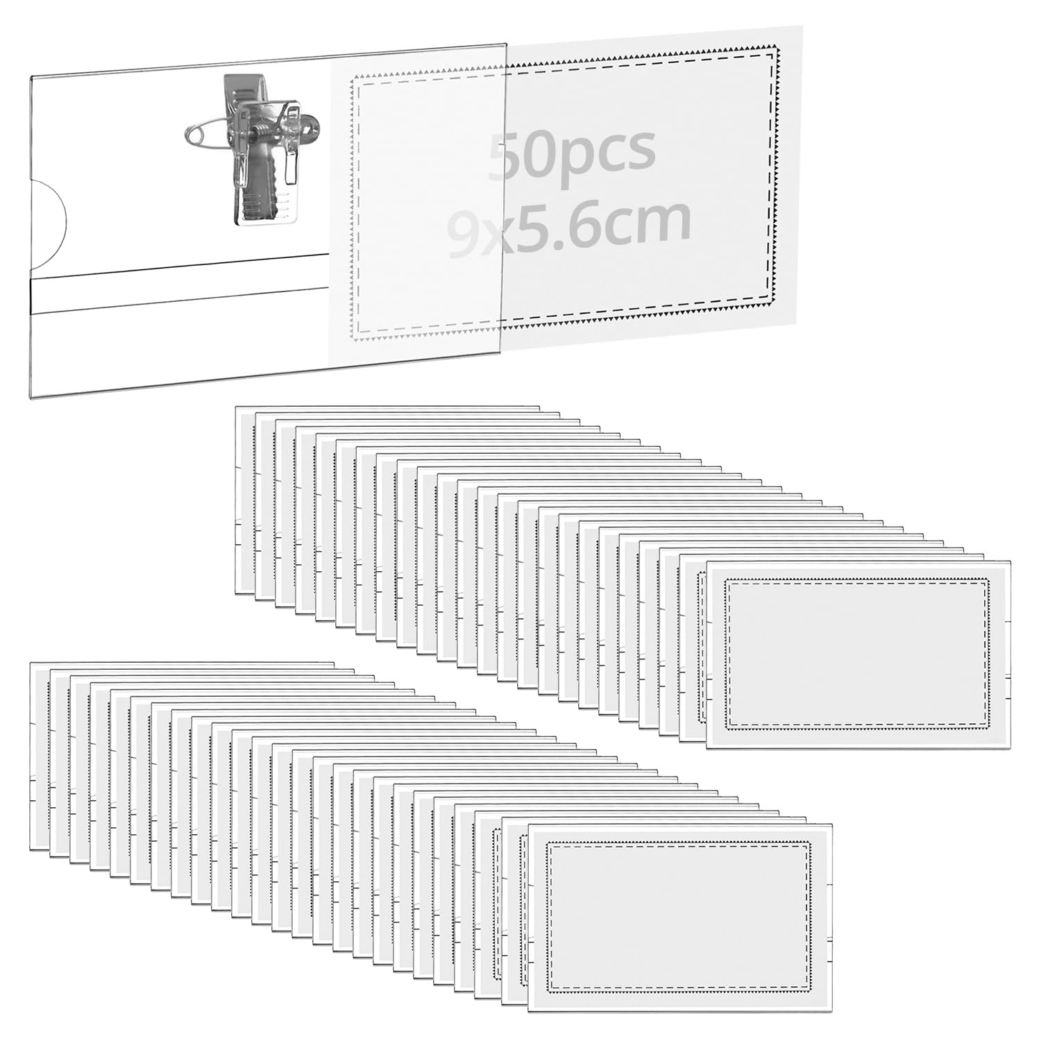 QWORK® 50 Pack Clear Name Badges with Pin and Clip, PVC Plastic ID Name Tag Holder for Work Conference Exhibition - 90mm x 56mm