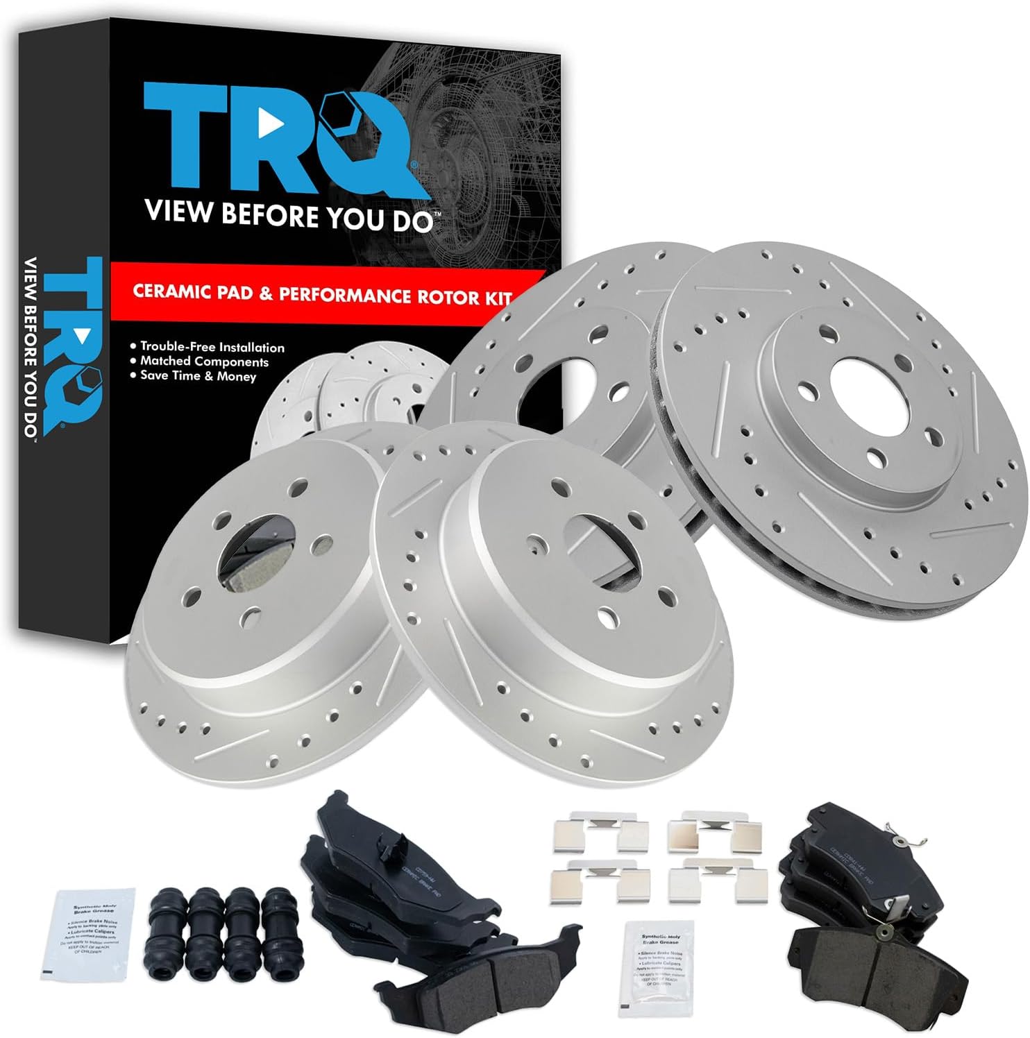 TRQ Front and Rear Brake Pad and Rotor Set Ceramic Coated Drilled Slotted Rotors Compatible with 2001-2003 2006-2007 2010 Chrysler PT Cruiser