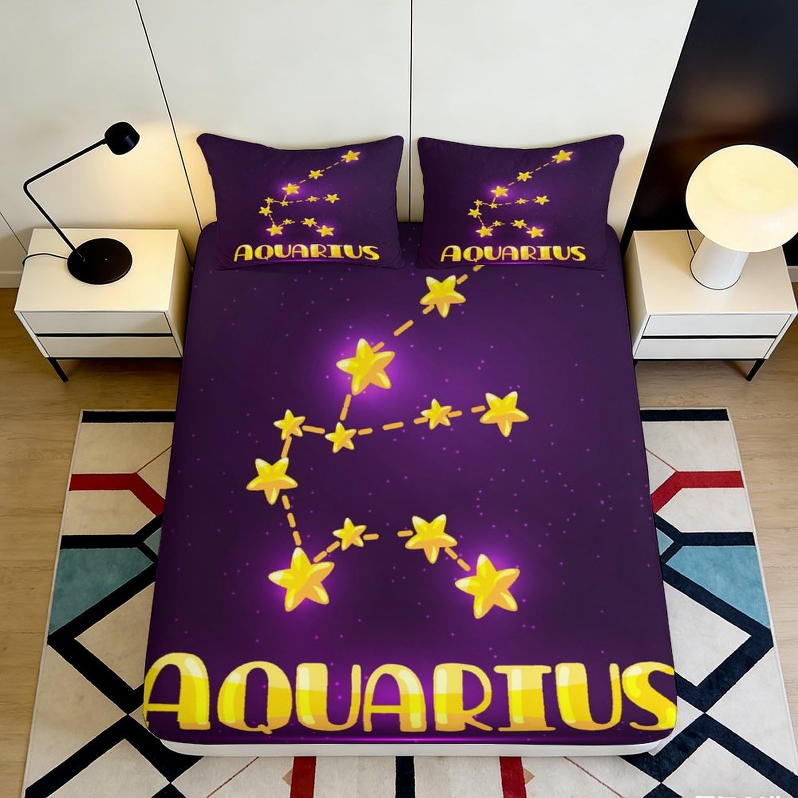 Jqzkxnhpbr Style-5 3D Printed Aquarius Constellation Fitted Sheet Microfiber Purple Star Zodiac Bed Cover For Bedroom Dorm Easy Care 90X200x25cm