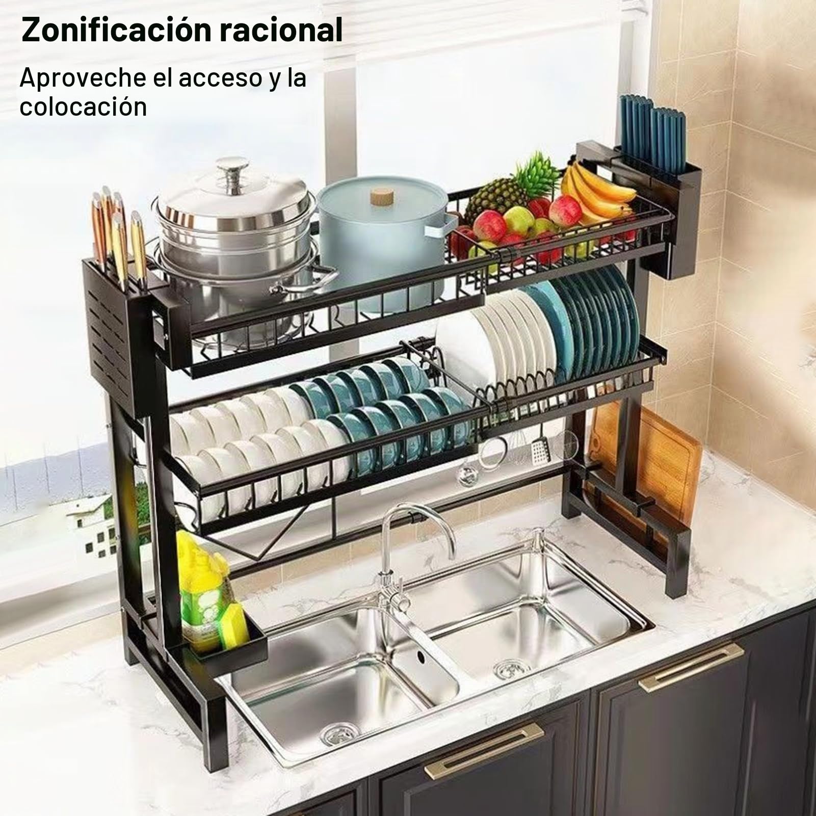 Saterkali Escurridor de platos grande sobre el fregadero, escurridor de platos de acero inoxidable de 2 niveles telescópico de gran capacidad, escurridor de platos para encimera de cocina, doble