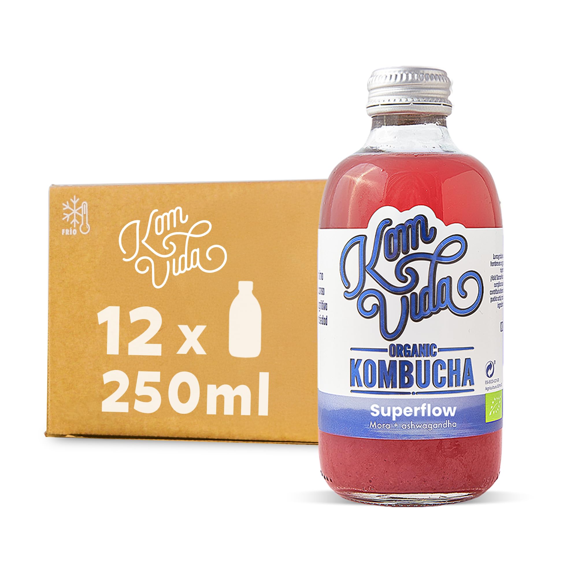 Komvida Kombucha Pack 12x250ml - Bebida Ecológica de Té fermentado, Probióticos Naturales, Sin Azúcares Añadidos - Sabor Superflow