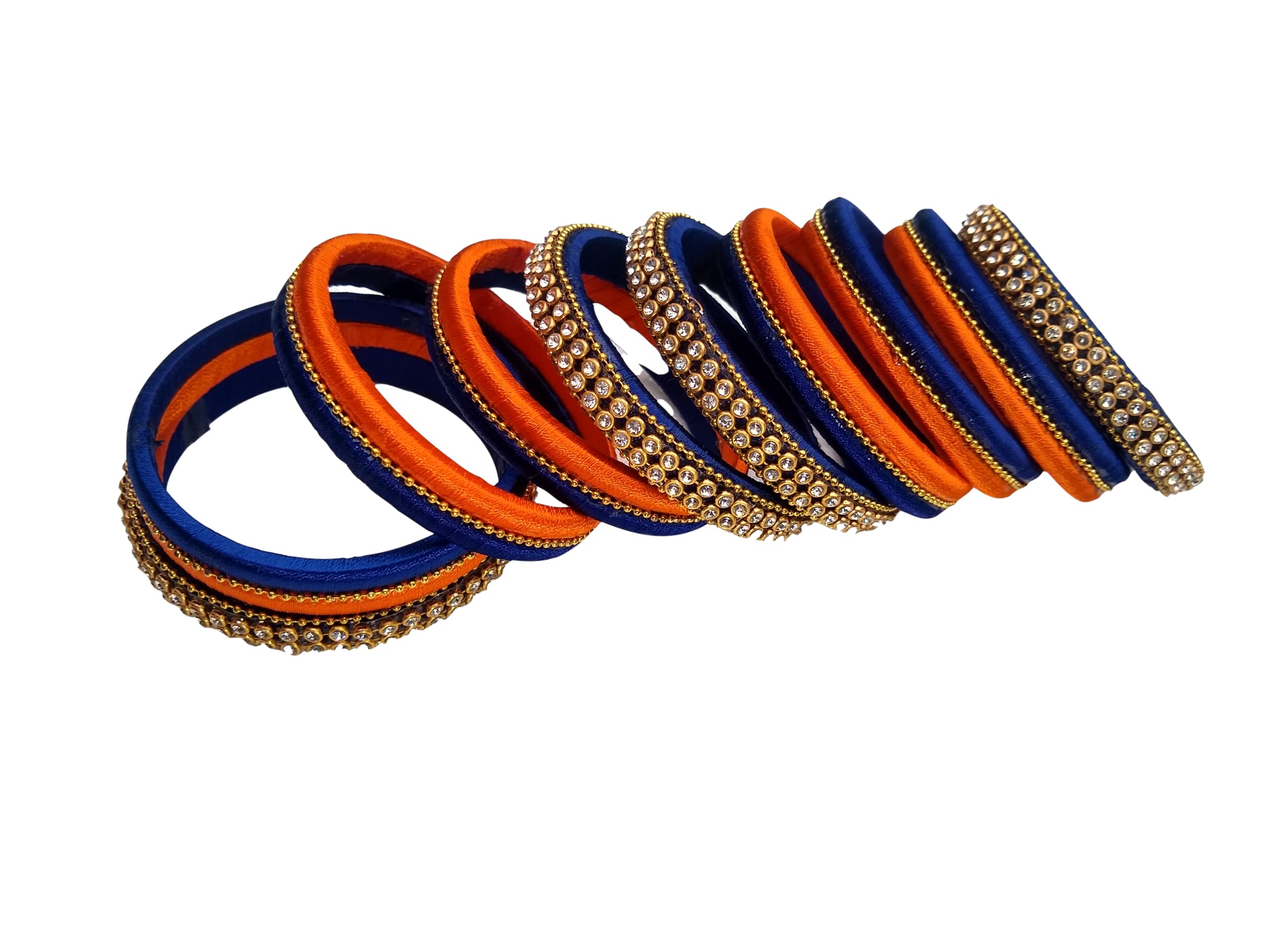 Handmade Silk Thread Blue and Orange Color with Stone Bangle Set For Women