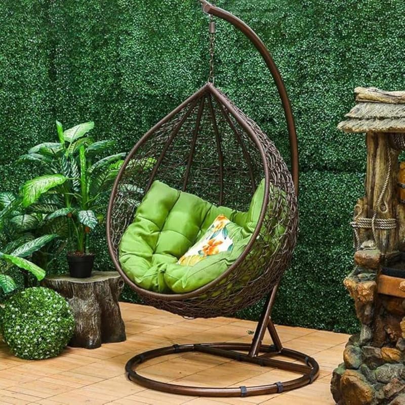 Image of HUMAIRA OUTDOOR FURNITURE Single Seater Swing Chair with Stand & Cushion Outdoor Indoor Balcony Garden Patio,Powder Coated Frame,UV Protected Wicker (Swing-Brown /Cushion-Green)