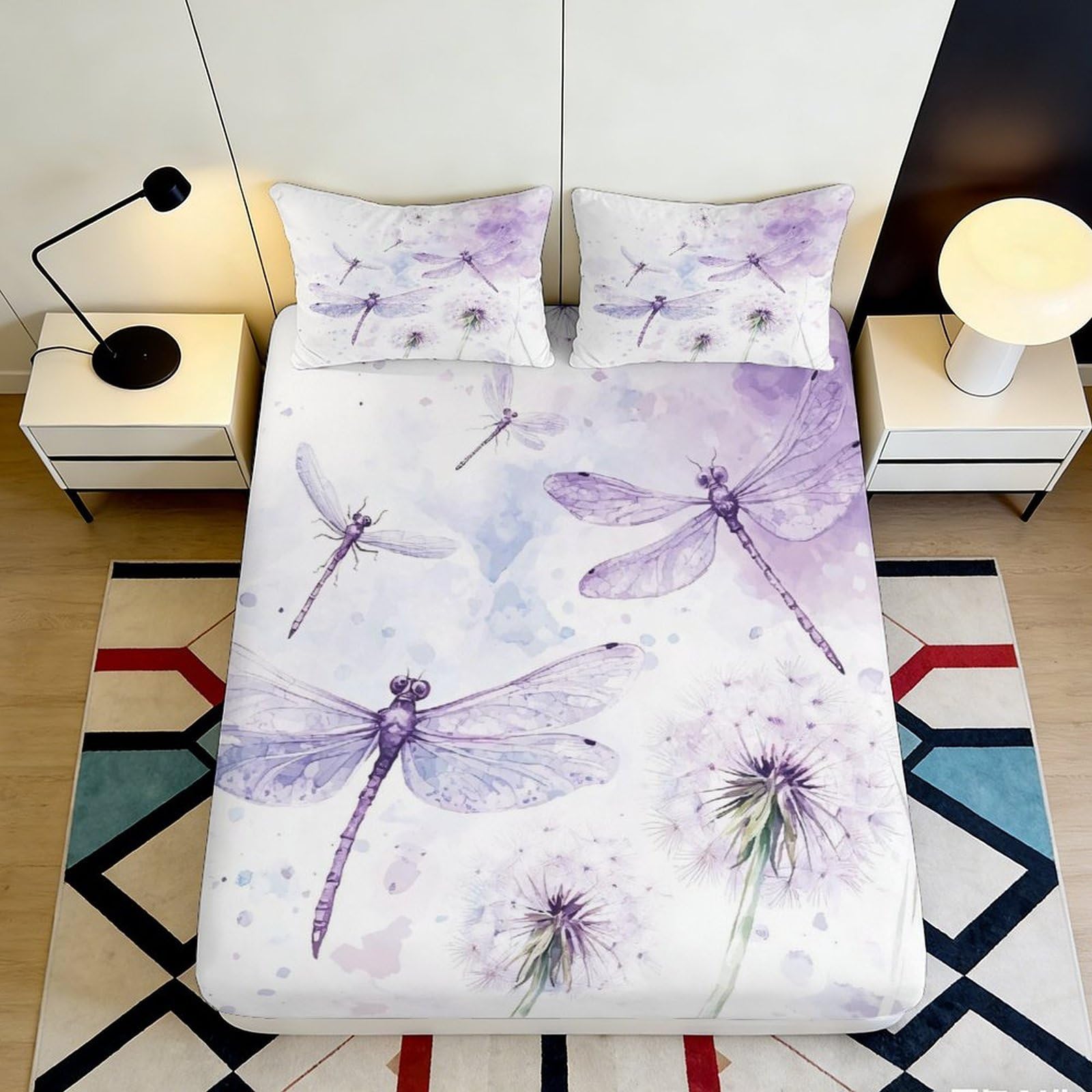 3D Printed Dandelion Dragonfly Fitted Sheet Microfiber Deep Pocket Non-Slip Bedroom Bedding Dandelion Mattress Fitted Cover 90x200x25cm