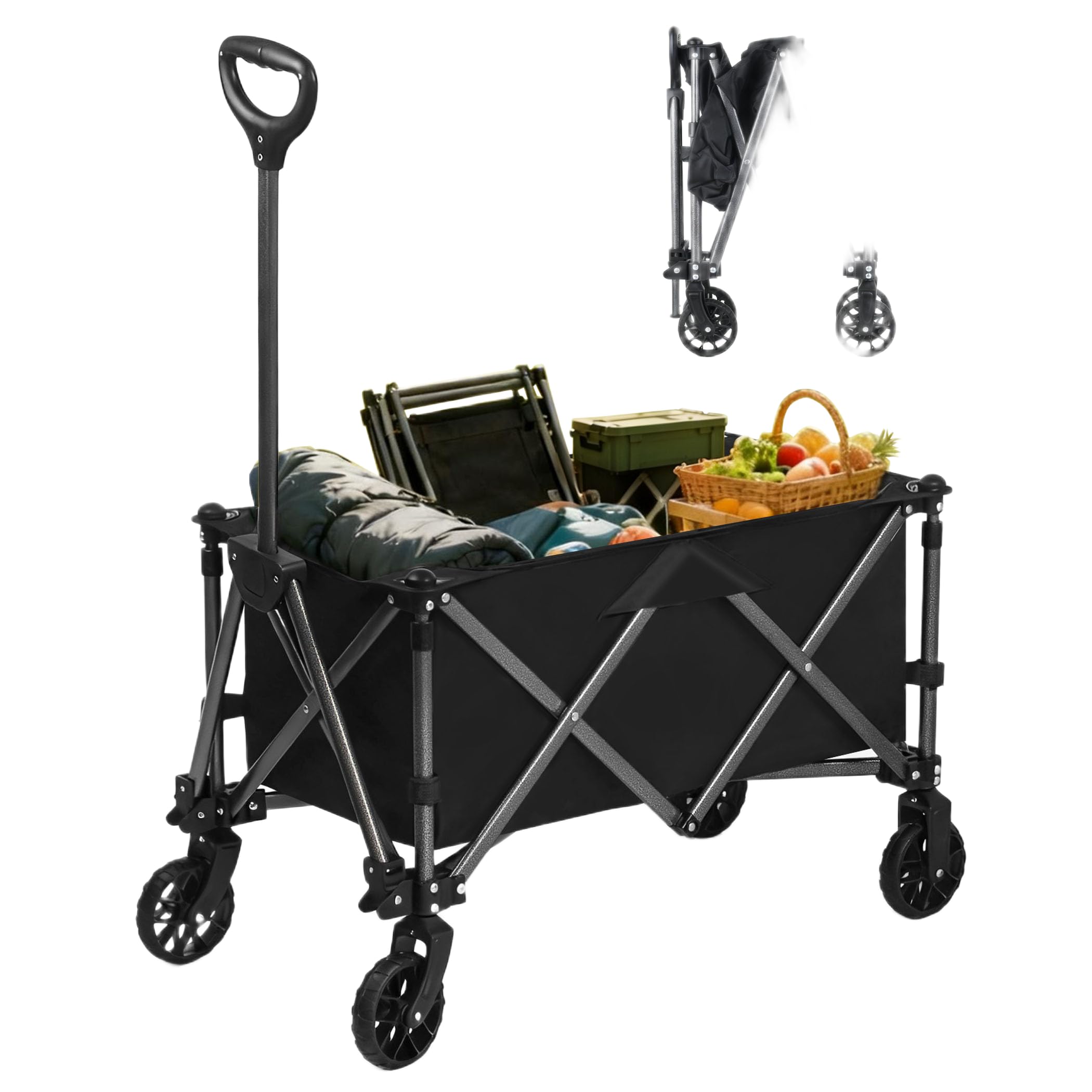 SKY-TOUCH Garden Cart Folding Trolley Cart Outdoor Wagon Collapsible with Removable Fabric Festival Garden Camping Picnic Cart Supports Max 100kg Portable Transport Trailer (Black)