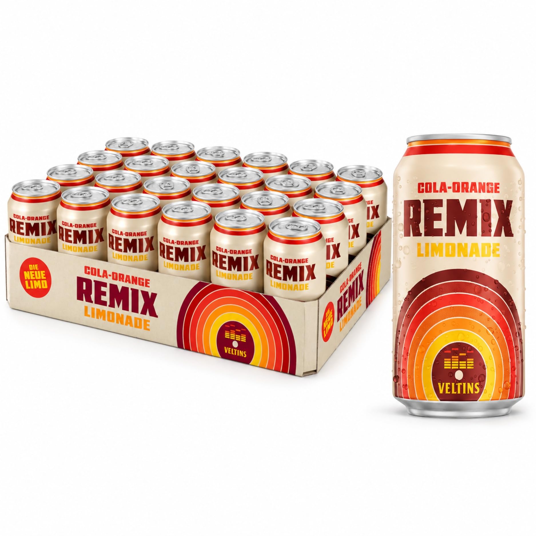 VELTINS Remix Cola-Orange Alkoholfrei, EINWEG (24 x 0,33 l Dose) – Cola-Orangen-Limonade mit deutlich mehr Fruchtsaft, 0,0% Alkohol – fruchtig-spritzig im nostalgischen Retro-Design