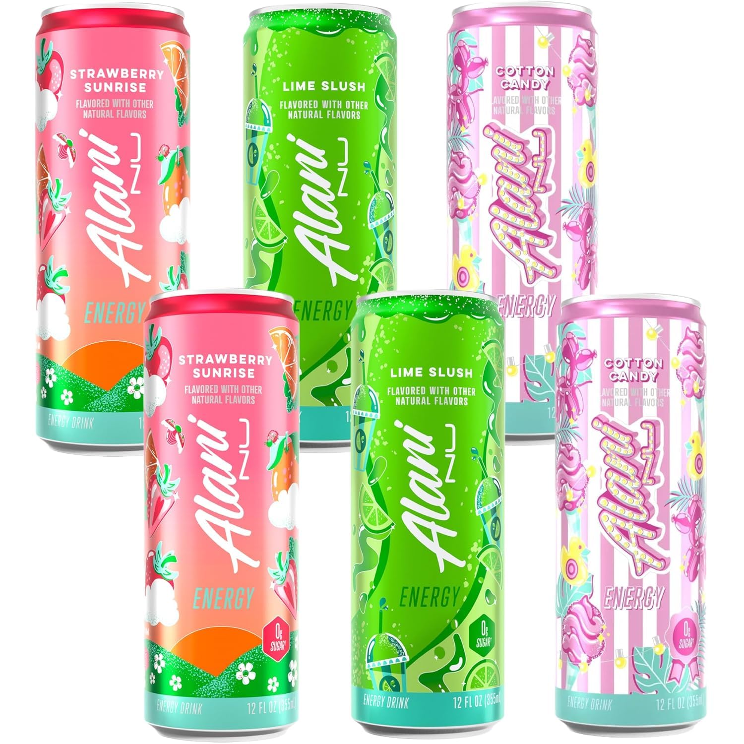 New Alani Energy Drinks Strawberry Sunrise, Cotton Candy, Lime Slush Variety Pack Sugar-Free, Low-Calorie, 200mg Caffeine, Energy Boost Drink 12 fl oz (6 cans) (Packaging May Vary)
