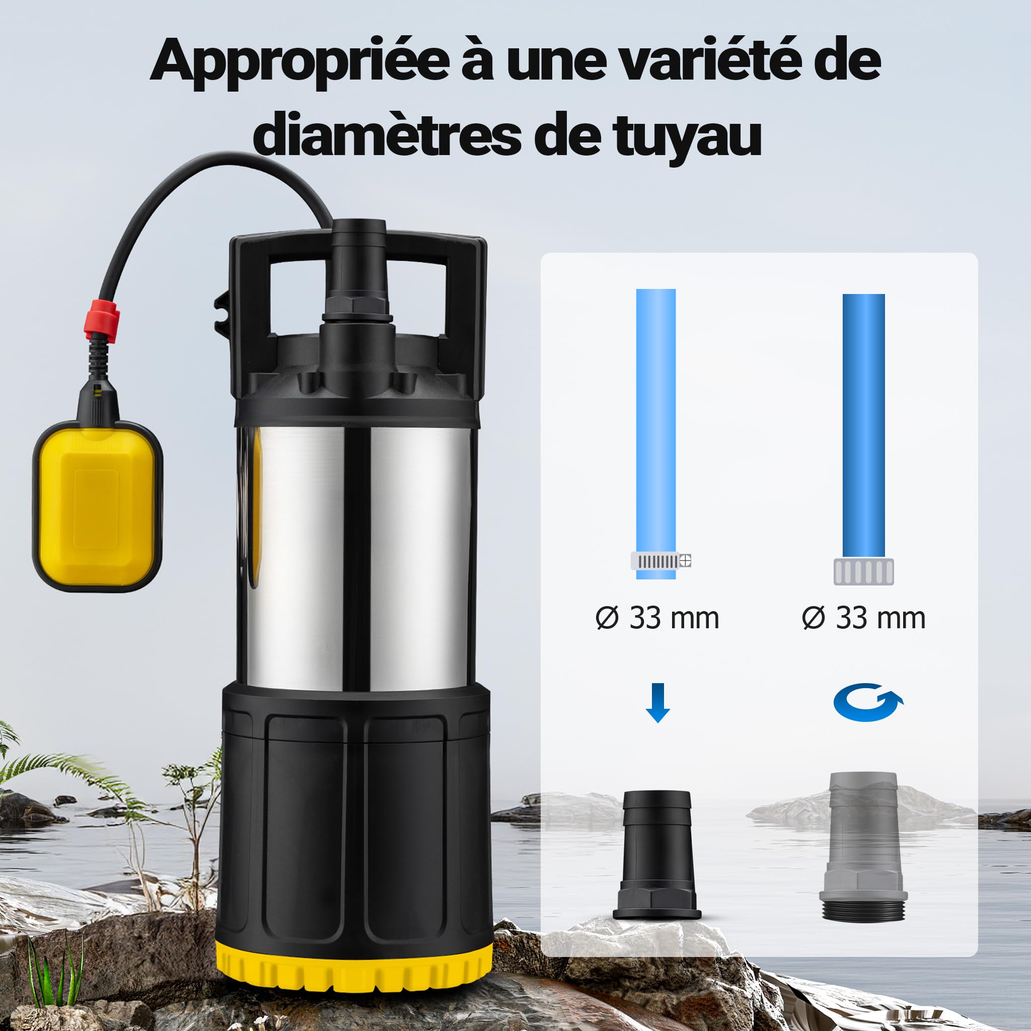 Wiltec Pompe à eau immergée 1000 W – 5500 l/h – Refoulement max. 30 m, profondeur max. 7 m – en PPO et acier – avec Interrupteur à flotteur, Thermorégulateur – Pompe submersible Eau propre