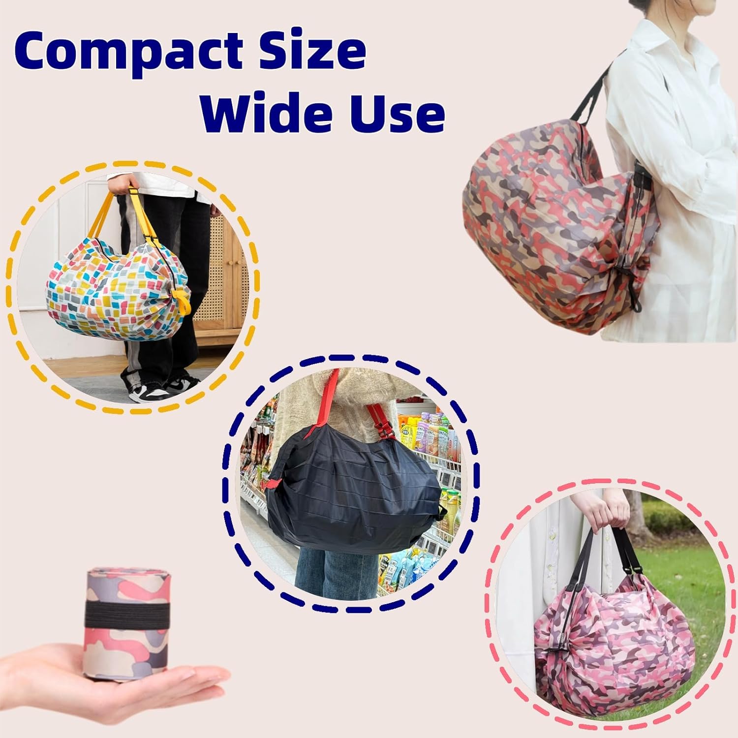 6 Pack Reusable Shopping Bags, Large Capacity Foldable Grocery Tote Bag with Zipper Adjustable Strap, Compact Washable Oxford Cloth Travel Duffel Bag for Outdoor, Gym, Camping - Image 5