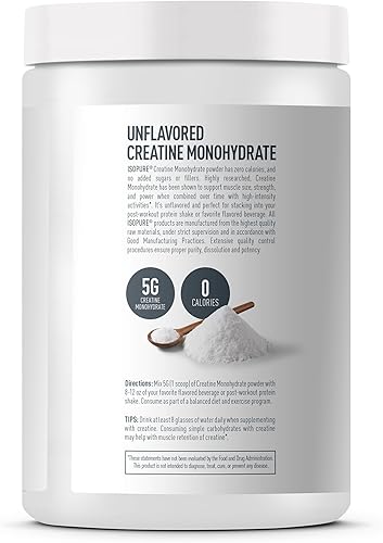 Vista 8 de Isopure Monohidrato de creatina en polvo 100% puro, sin azúcar, sin sabor, 0.18 oz de monohidrato de creatina por porción, 1.1 libras, 100 porciones