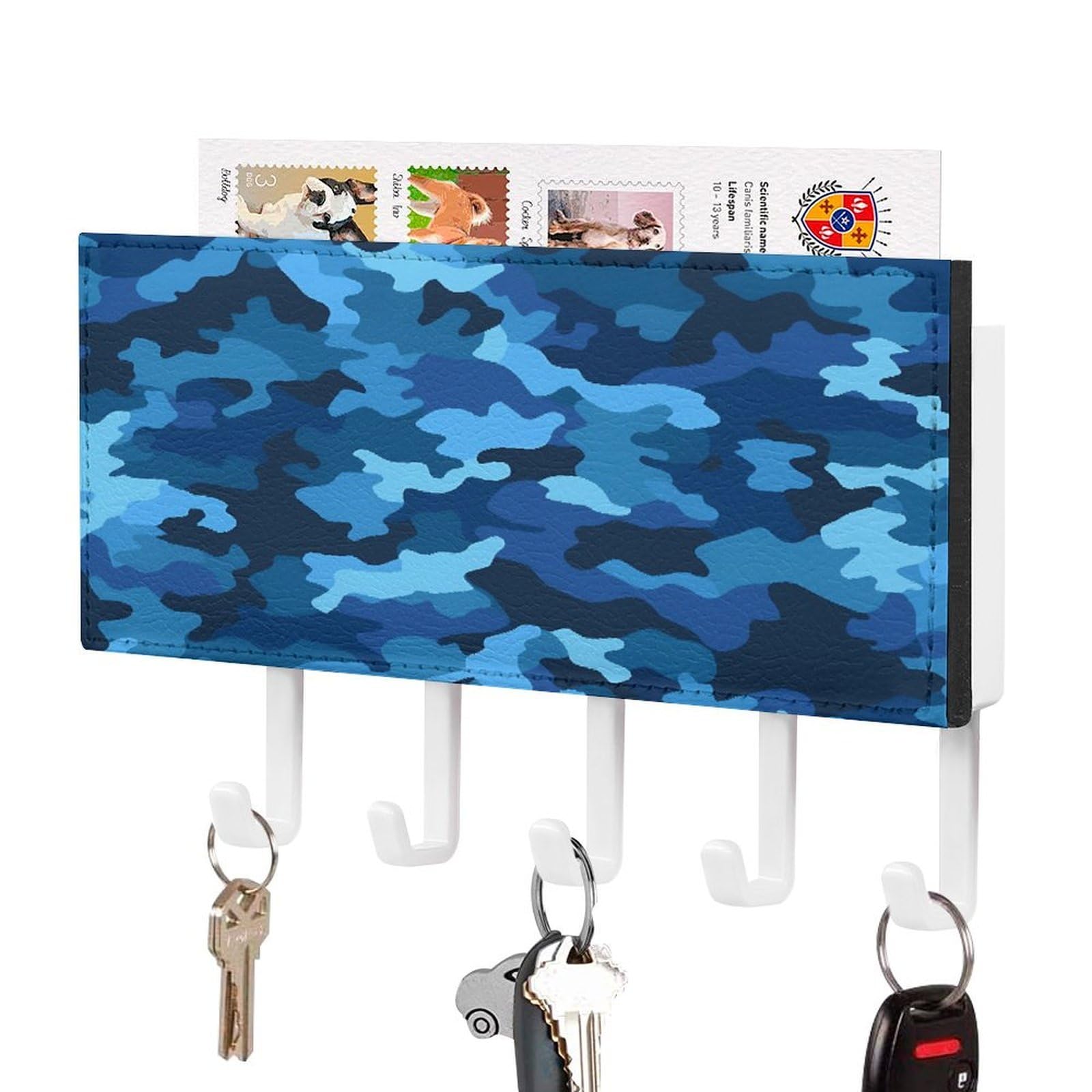 VstaDank Blue Camo Key Holder for Wall Key Holder Wall Mount Adhesive with Mail Organizer Tray Adhesive Metal Key Rack with 5 Hooks Hanger PU Leather Key Hanger for Entryway