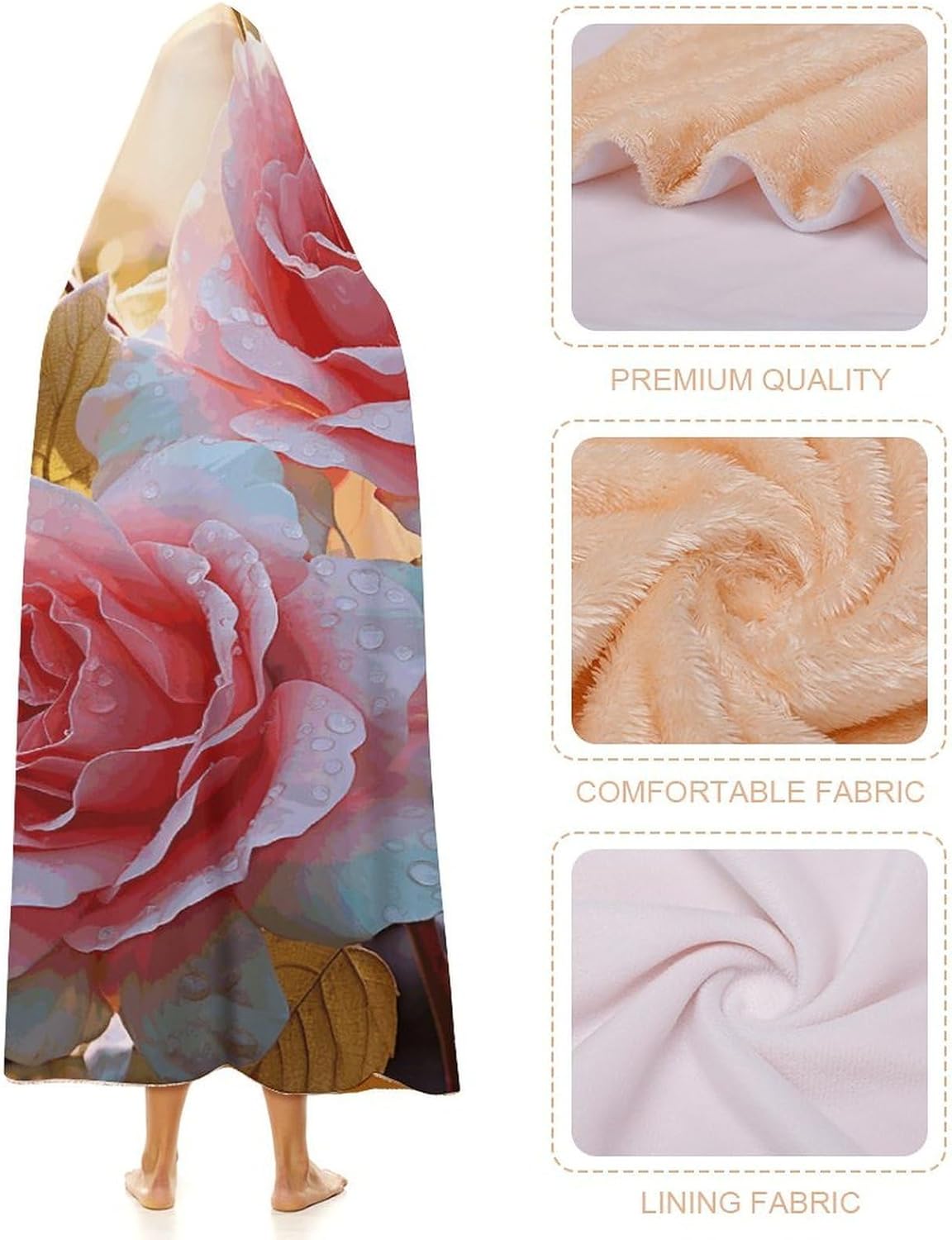 Rose Flower Wildflowers Wearable Hooded Blanket, Ultra Soft Arctic Velvet Cape Cloak Unisex - Cozy Wearable Blanket