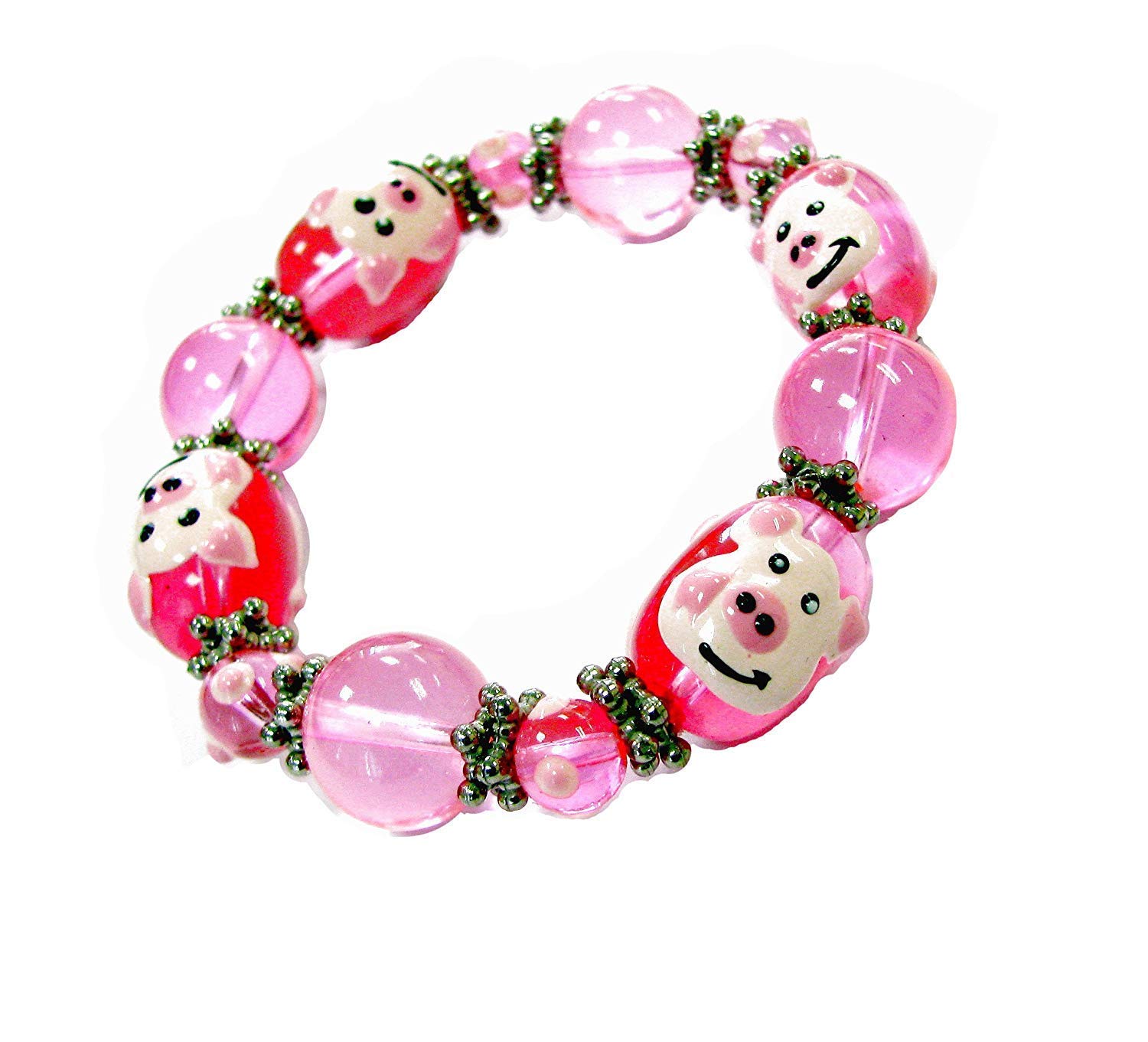 LinpengPig Bracelet, Pink Farm Animal Glass Beaded Stretch Jewelry, Birthday Christmas Gift for Her, 1 pc