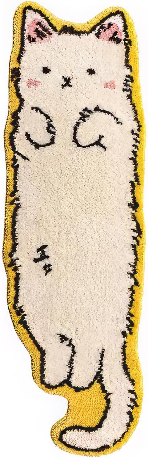 Cute Cat Shape Bath Mat, Cartoon Cat Floor Mat, Ultra Soft & Non-Slip Door Mat, Absorbent Microfiber Bath Rugs, Machine Washable Bath Rug Carpet for Toilet Bathtub Kitchen 20 x 47 Inch (White cat)