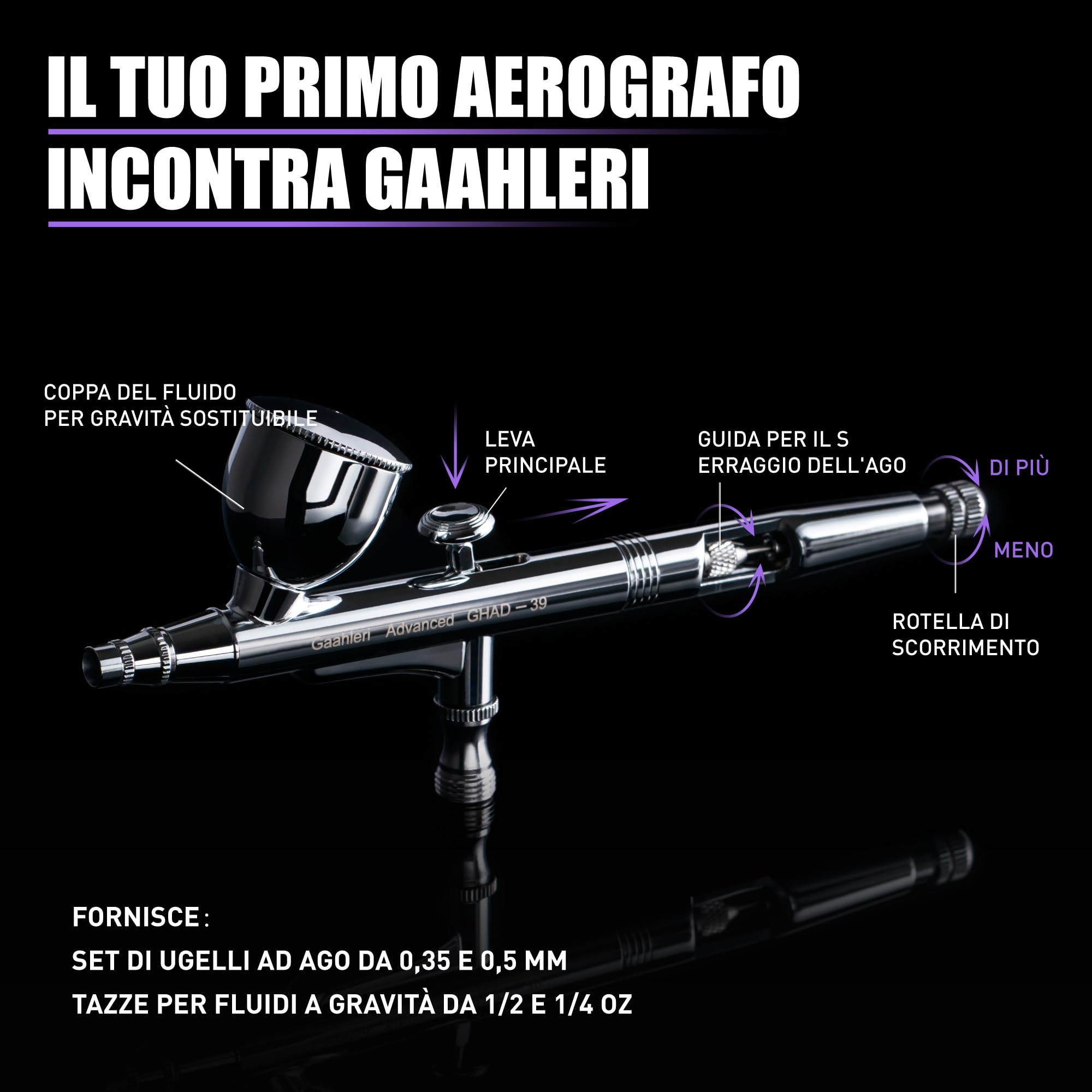 Gaahleri Kit aerografo, pistola aerografo a doppia azione gravità gravità 1/2 e 1/4 oz tazza fluido, ago 0,35 e 0,5 mm, set di spazzole d'aria convenienti trucco