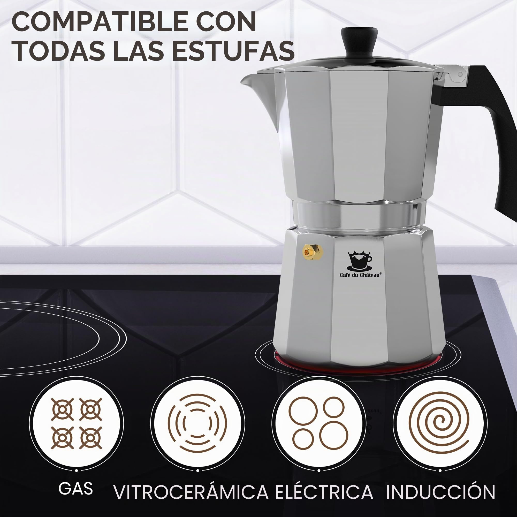 Cafe Du Chateau Cafetera Italiana Induccion de café con tapa transparente, acabado brillante, cuchara de café, 6 tazas y máquina de moca para capuchino, latte