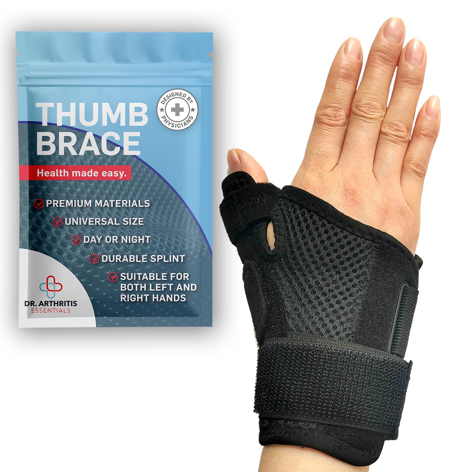 Dr. Arthritis Essentials Thumb Brace, Medical Thumb Splint Right & Left Hand, Wrist, Thumb Support, Thumb Spica Splint, Thumb Support for Arthritis (Black Single)ClimatePartner certified