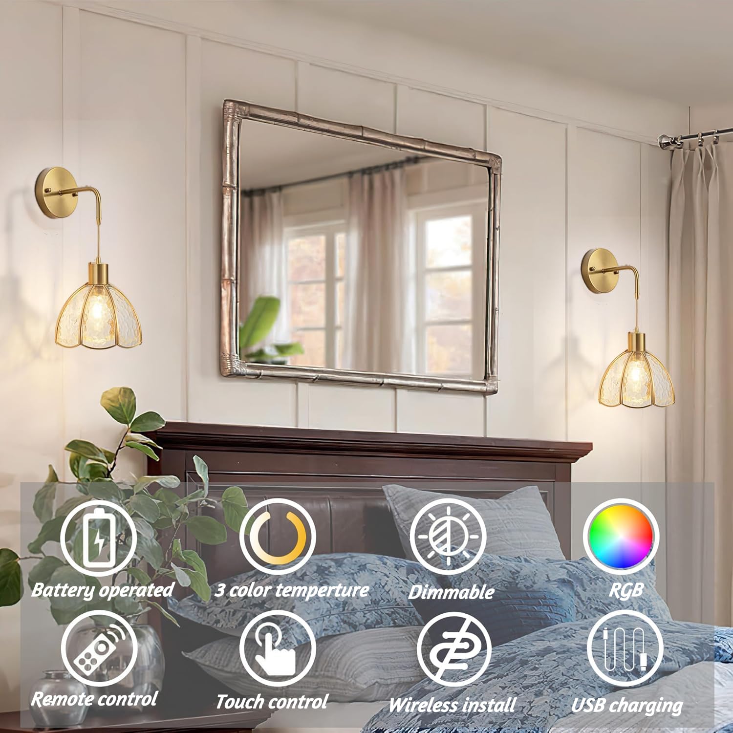 KZT E27 Wandleuchte Innen mit Fernbedienung RGB Dimmable Modern Wandleuchte Kristall Modern Wandbeleuchtung Wandb Efestigung Leselampe Innenbeleuchtung für Schlafzimmer Wohnzimmer Flur Kinder (2 Pcs)