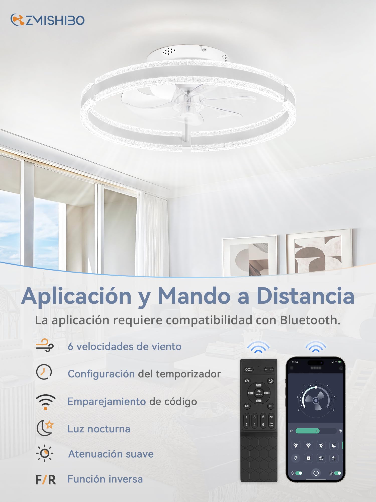 ZMISHIBO Ventilador de techo 51 cm con luz, patrón ondulado, doble anillo LED (blanco), APP y mando a distancia, 6 velocidades, giro adelante/atrás, 3000K-6000K regulable 10%-100%, memoria, temp. 2H