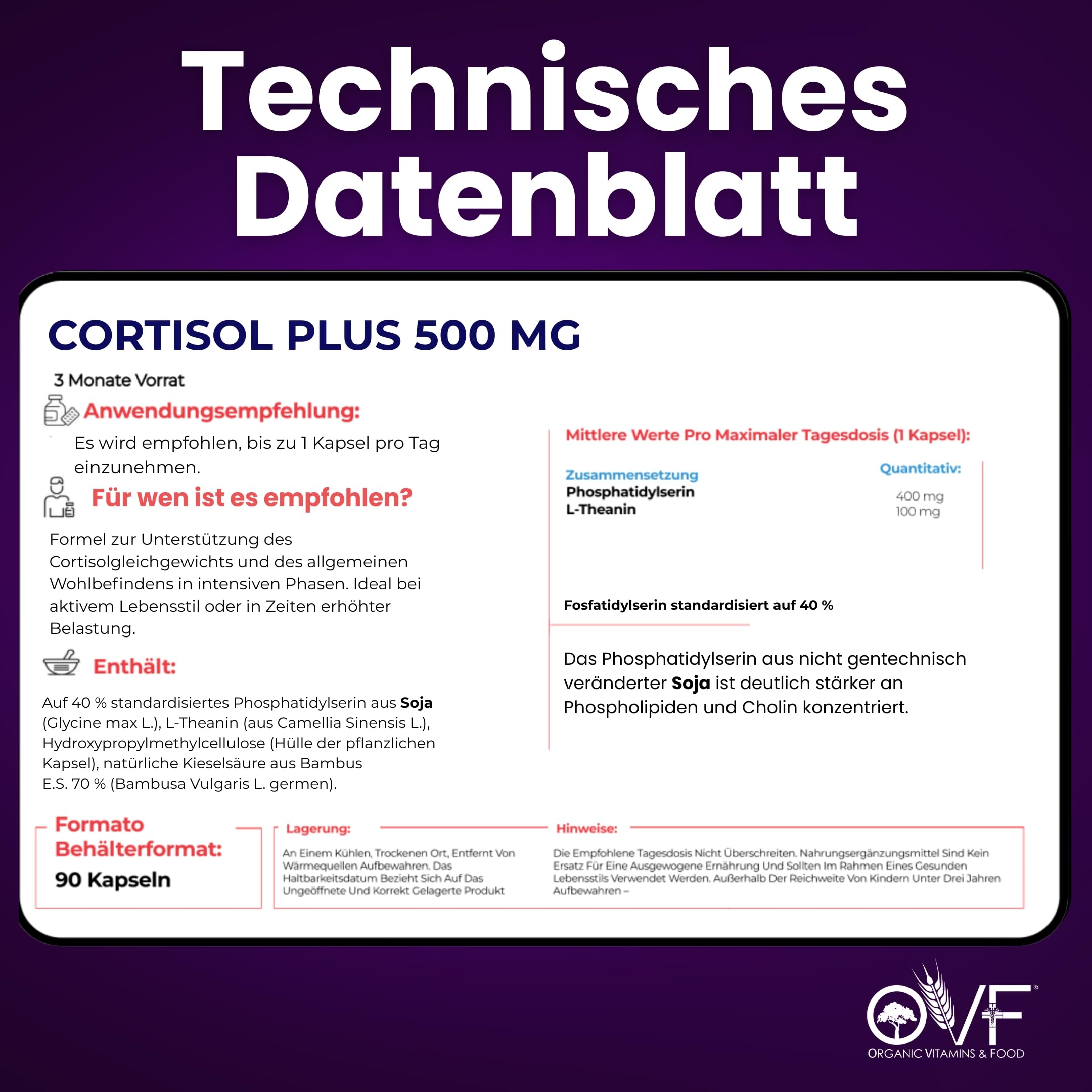 OVF Phosphatidylserin 400 mg + L-Theanin 100 mg pro 90 vegane Kapseln Hochdosiert Ohne Gluten, Laktose, Zucker & Nickel Made in Italy
