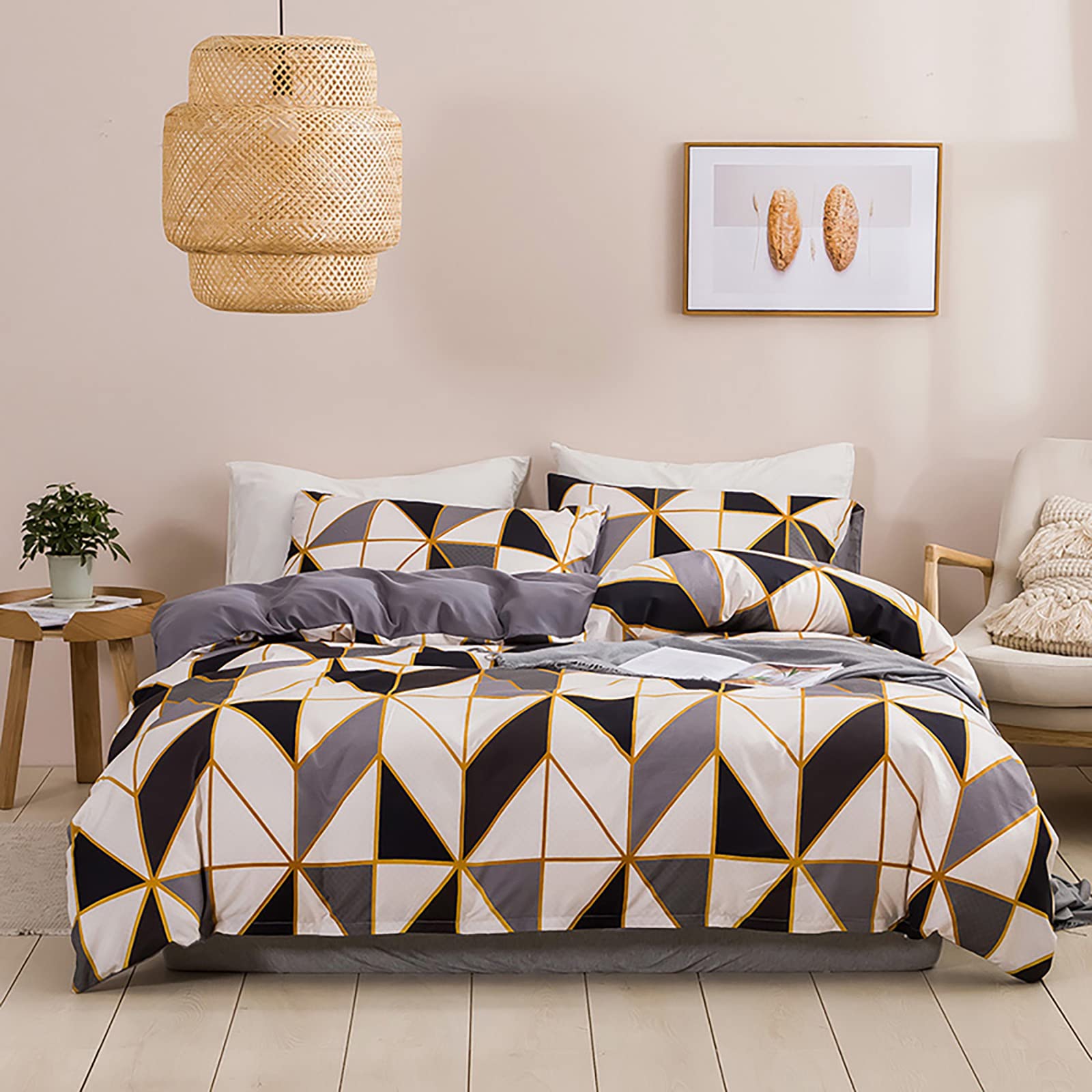Geométrica Diseño Funda Nordica Funda para Edredón 220 x 240 cm con 2 Fundas de Almohada 50x75cm Juego Ropa para Cama 135/150 Cuadros Rayas Conjunto Fundas Nórdica Microfibra Gris Negra